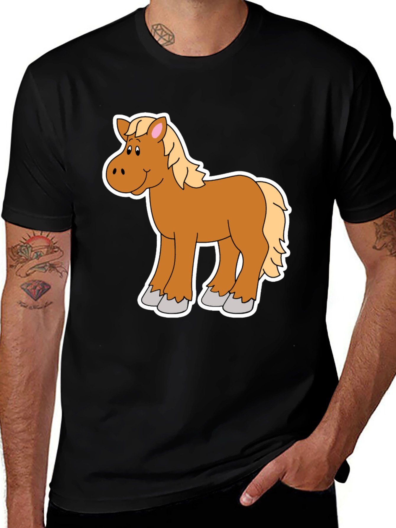 Black Cartoon Horse Graphic Tee - Black Unisex Shirt main image