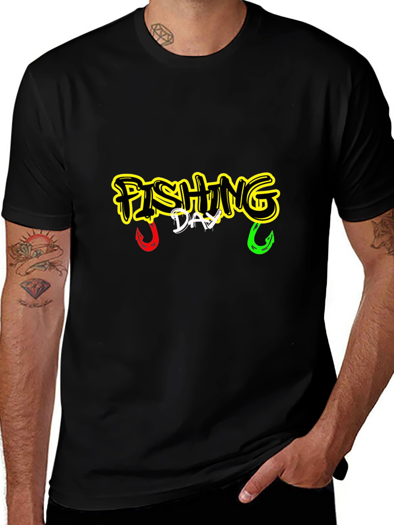 Variant 4 of Fishing Day Graphic Tee - Black Cotton Shirt