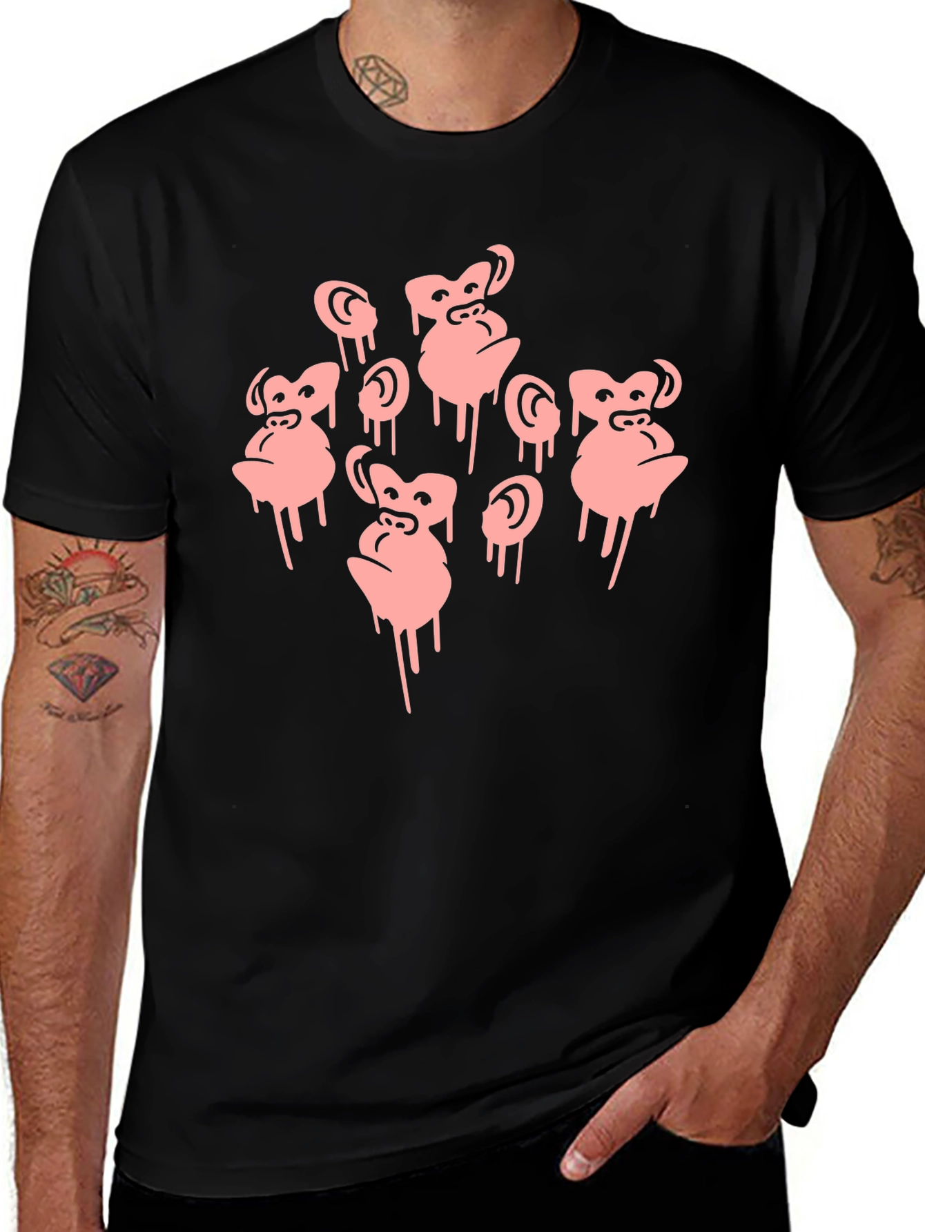Monkey Faces Graphic Black T-Shirt