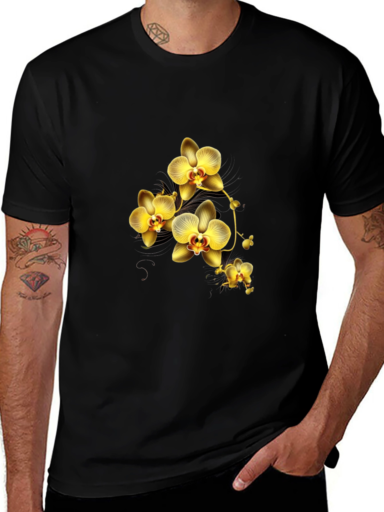 Variant 21 of Black T-Shirt with Golden Orchid Design