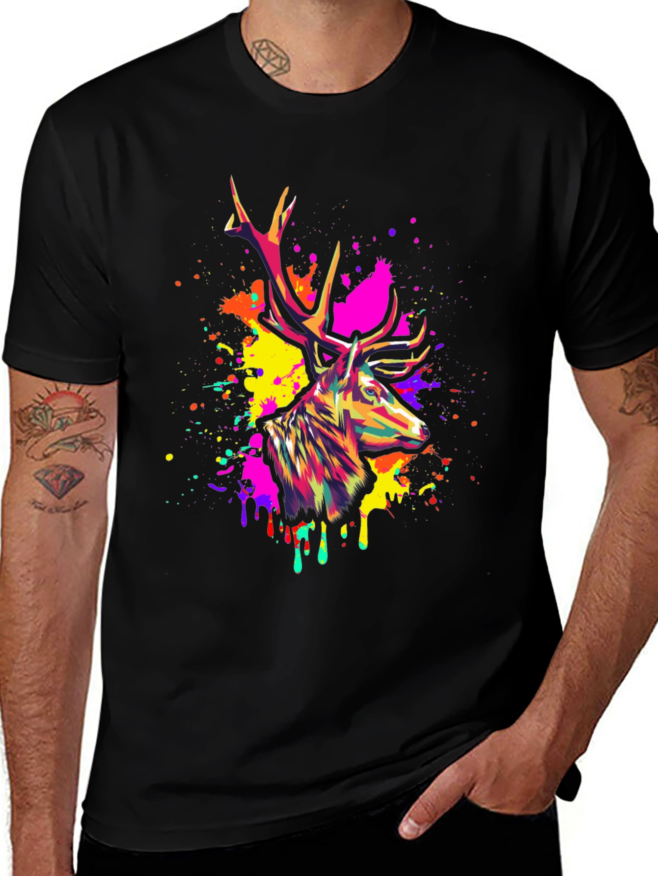 Variant 6 of Vibrant Deer Graphic Tee - Men's Black T-Shirt
