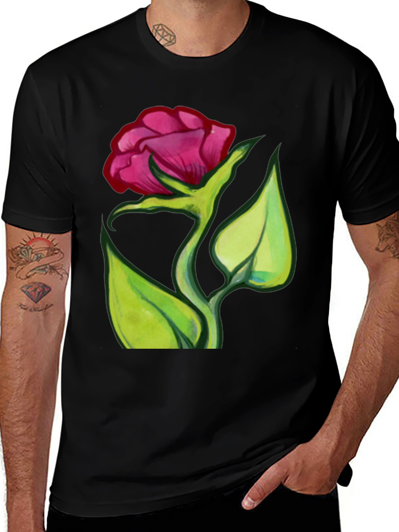 Variant 22 of Floral Tee: Red Rose Graphic Print Black T-Shirt