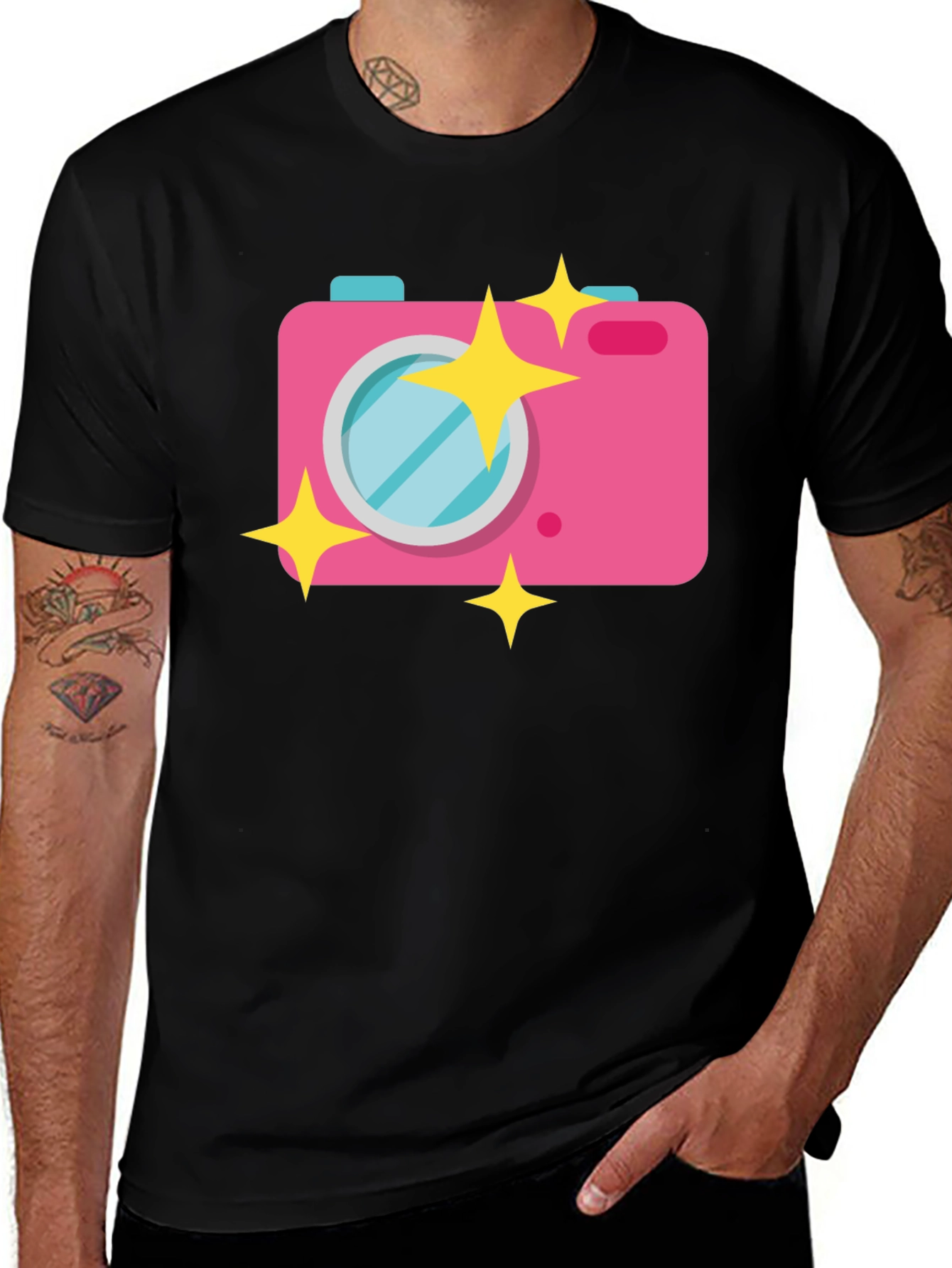 Variant 19 of Pink Camera Graphic T-Shirt - Black Cotton Tee