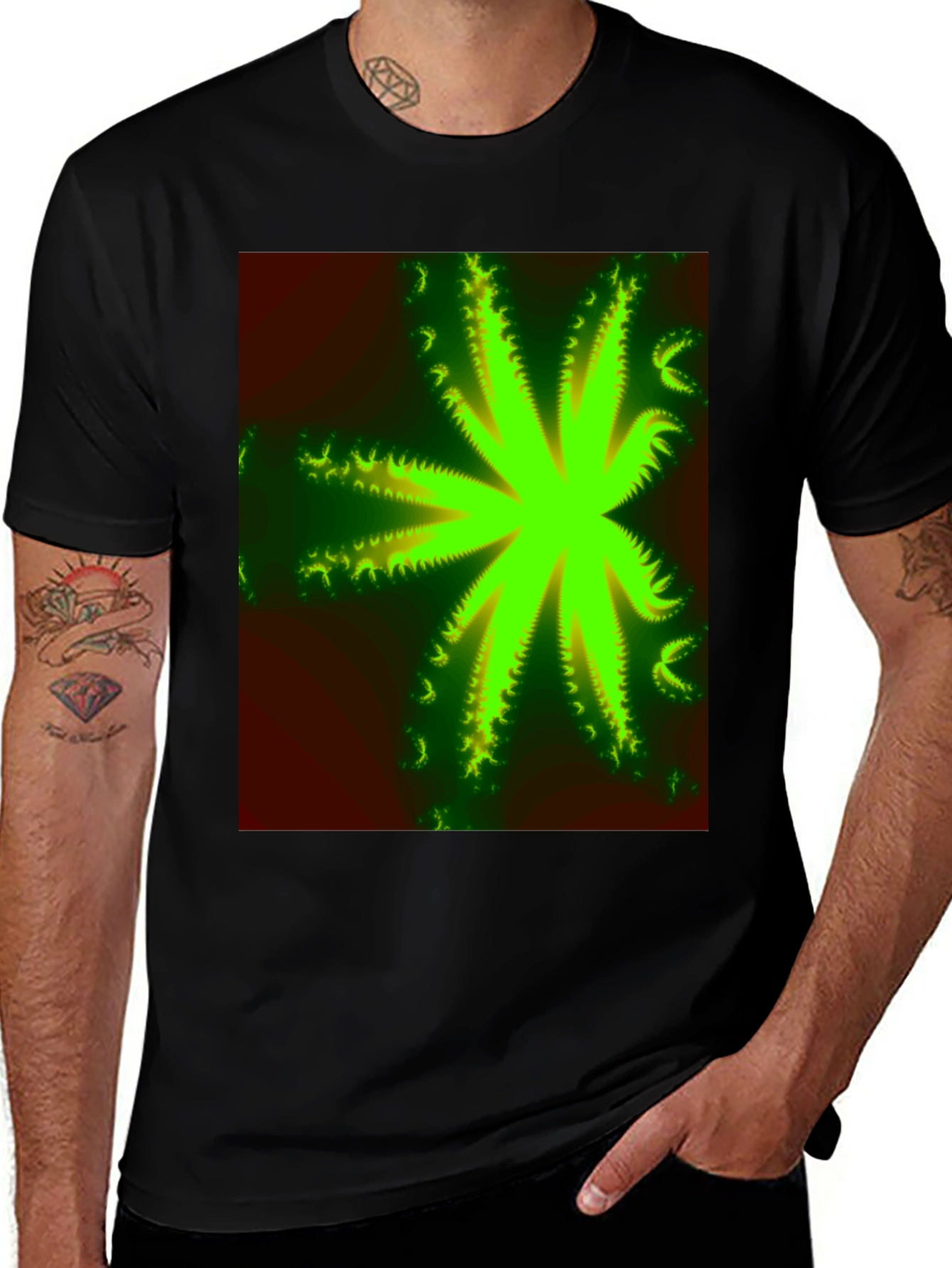 Variant 16 of Green Fractal Flower Black T-Shirt