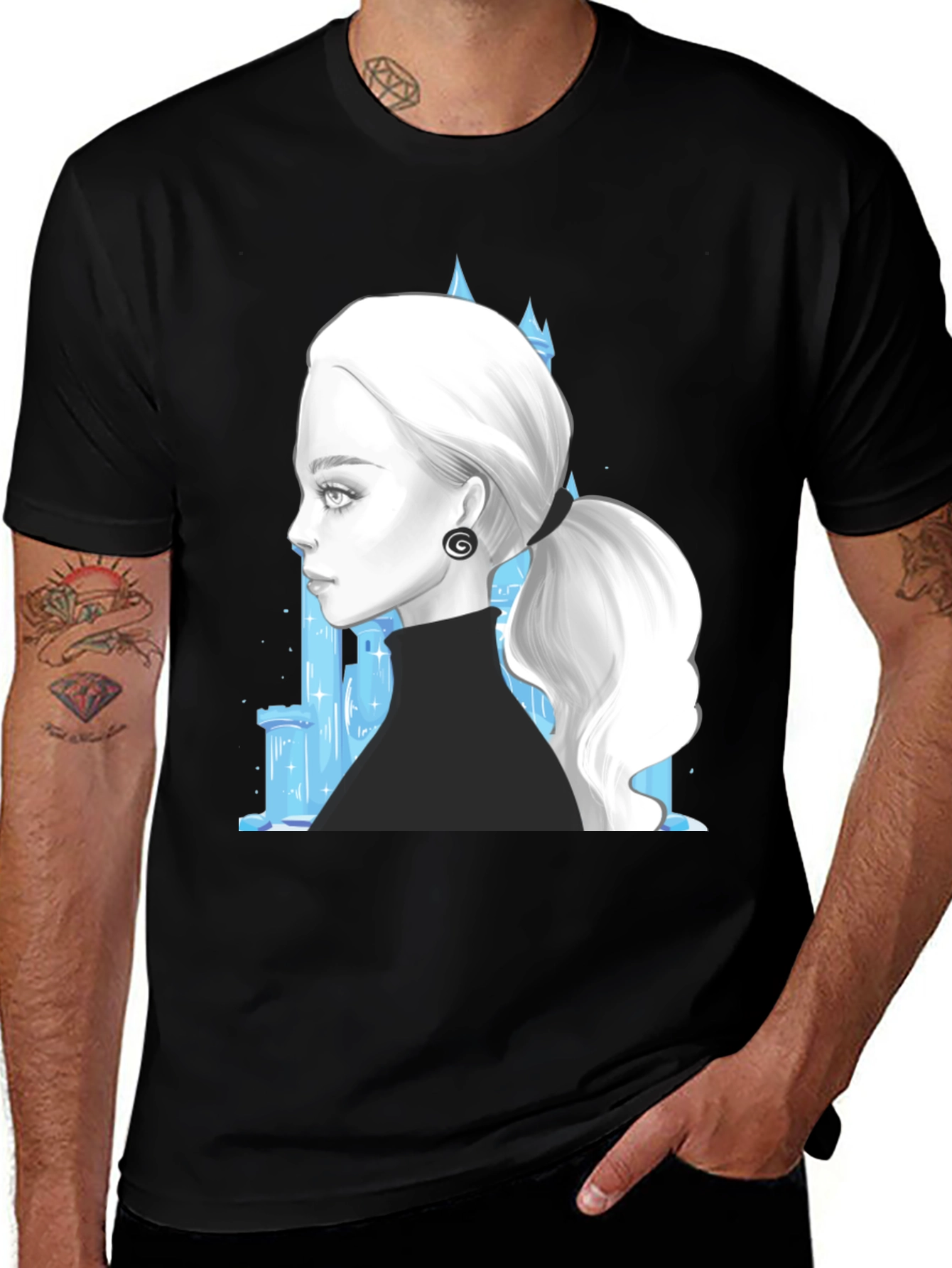 Black Elegant Woman & Ice Castle Graphic Black T-Shirt main image