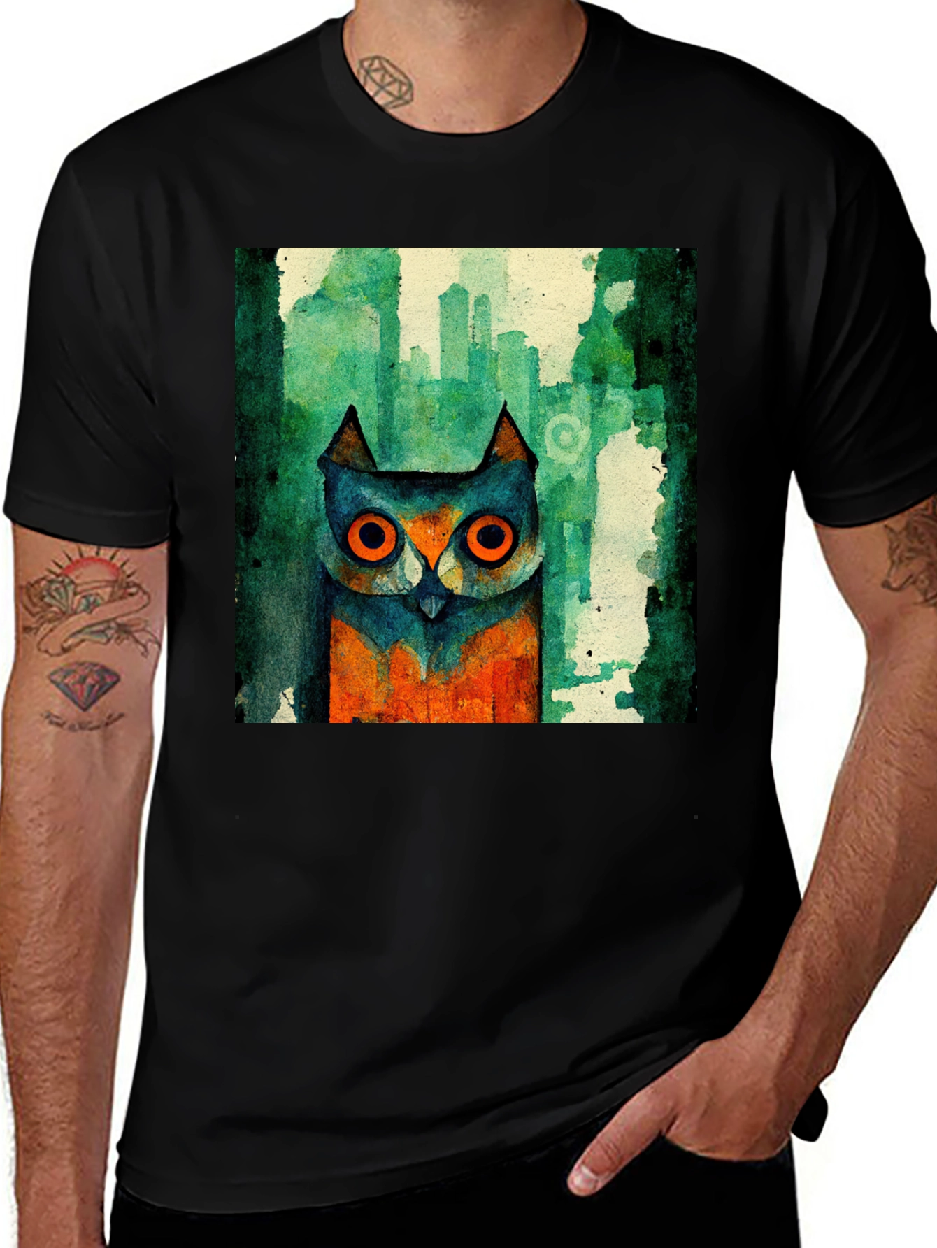Variant 7 of Abstract Owl Graphic Black T-Shirt