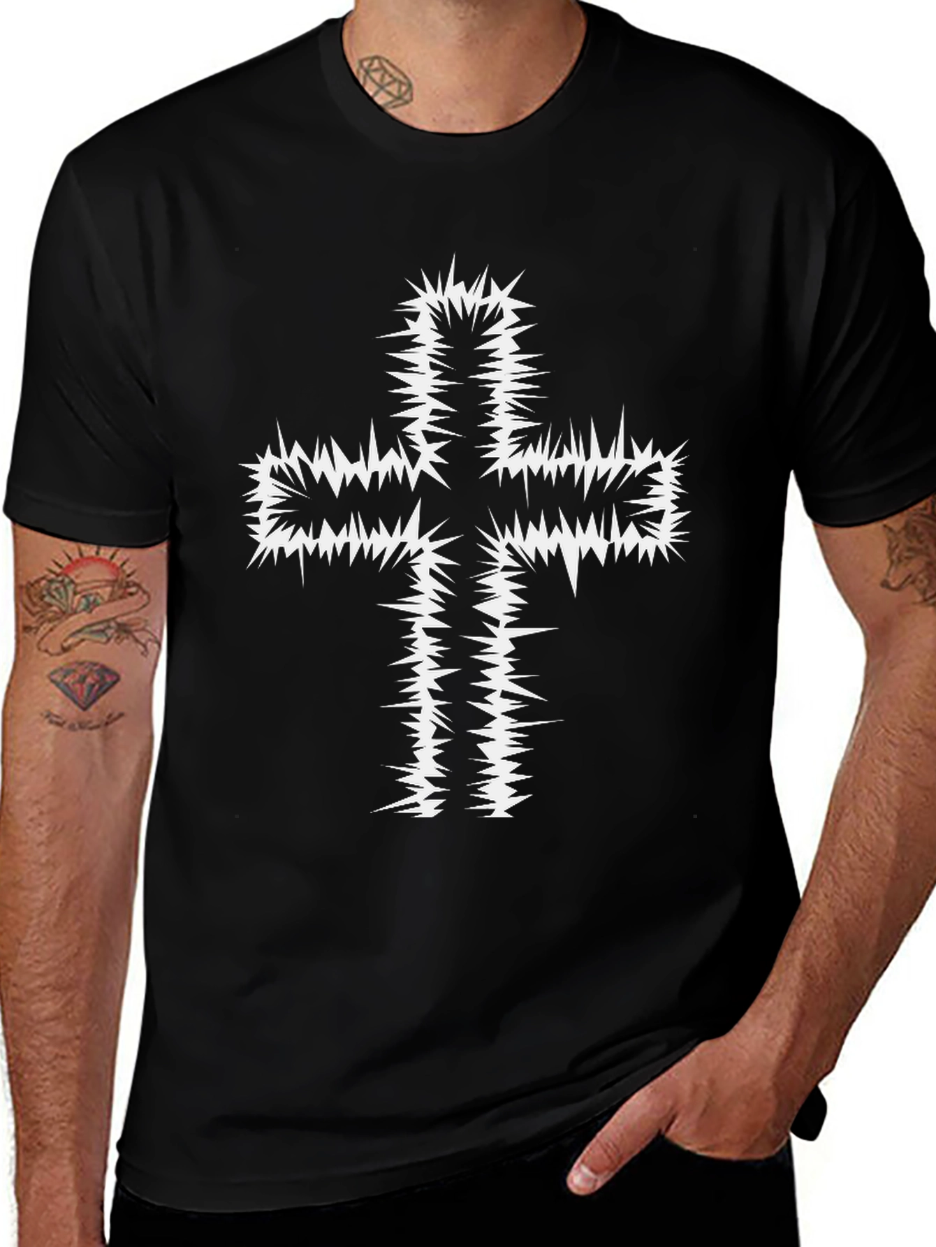 Variant 4 of Edgy Spiked Cross Graphic Tee