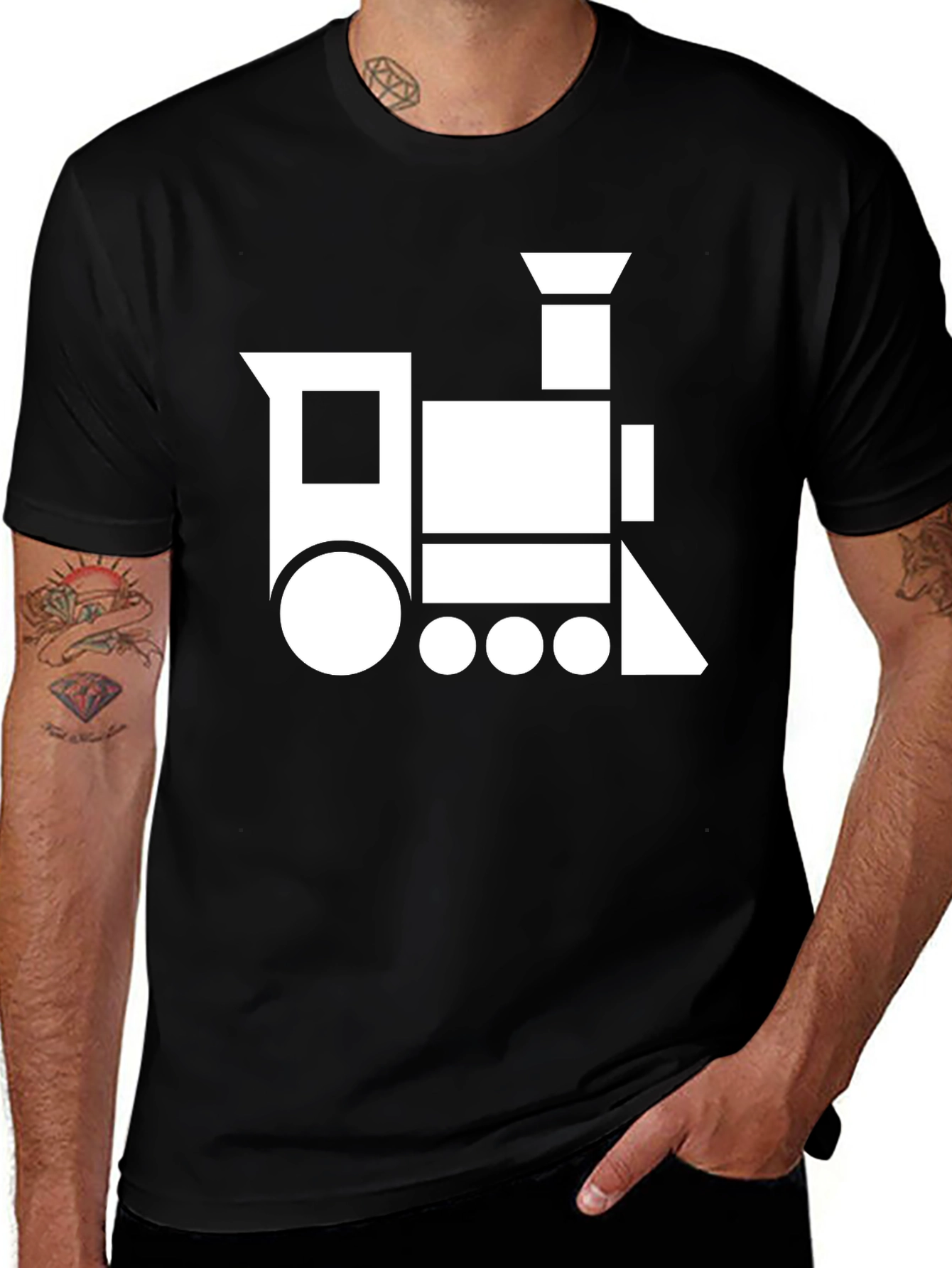 Variant 4 of Geometric Train Graphic Tee - Black Cotton T-Shirt
