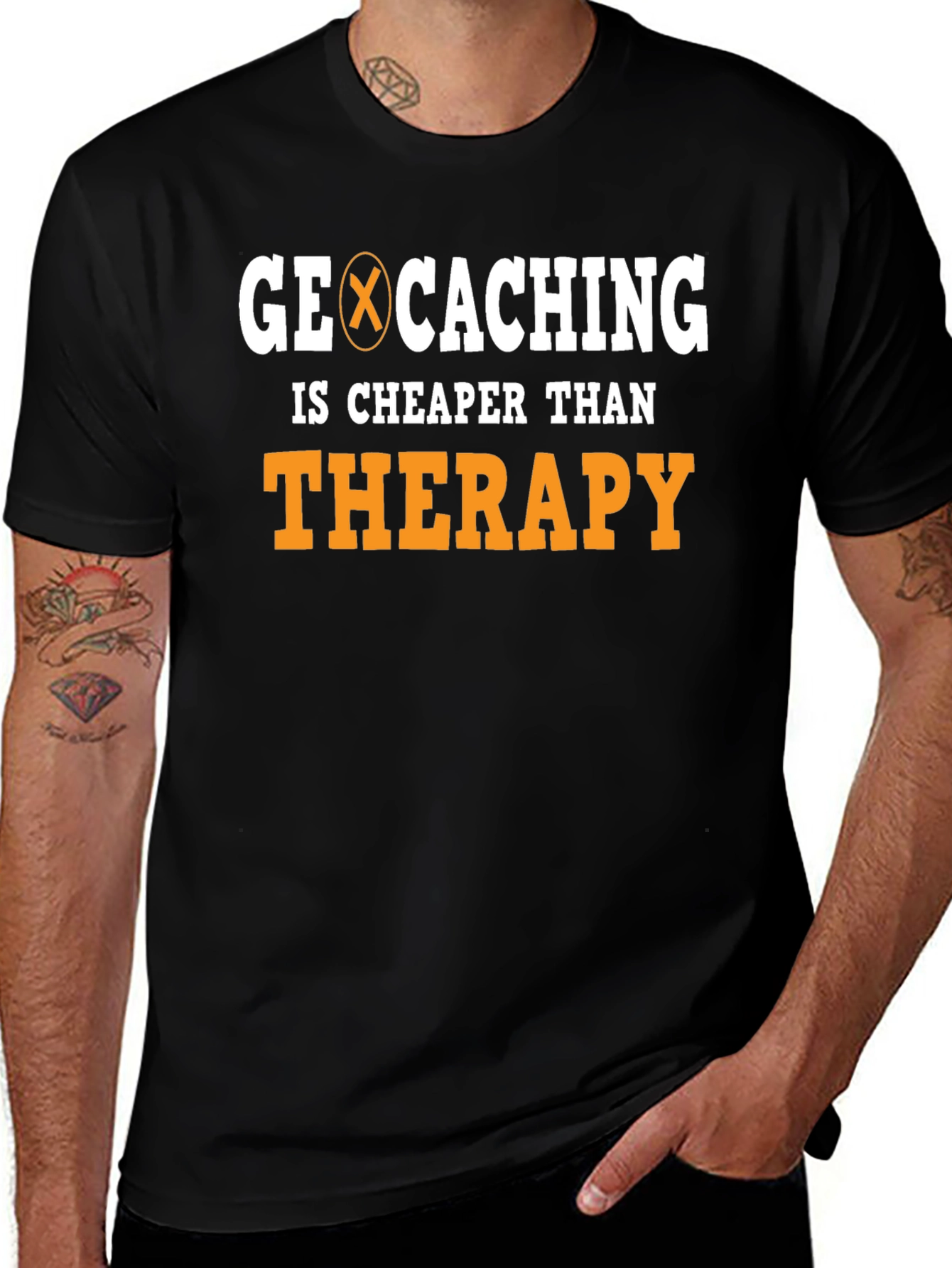 Variant 17 of Geocaching Cheaper Than Therapy Black Graphic Tee