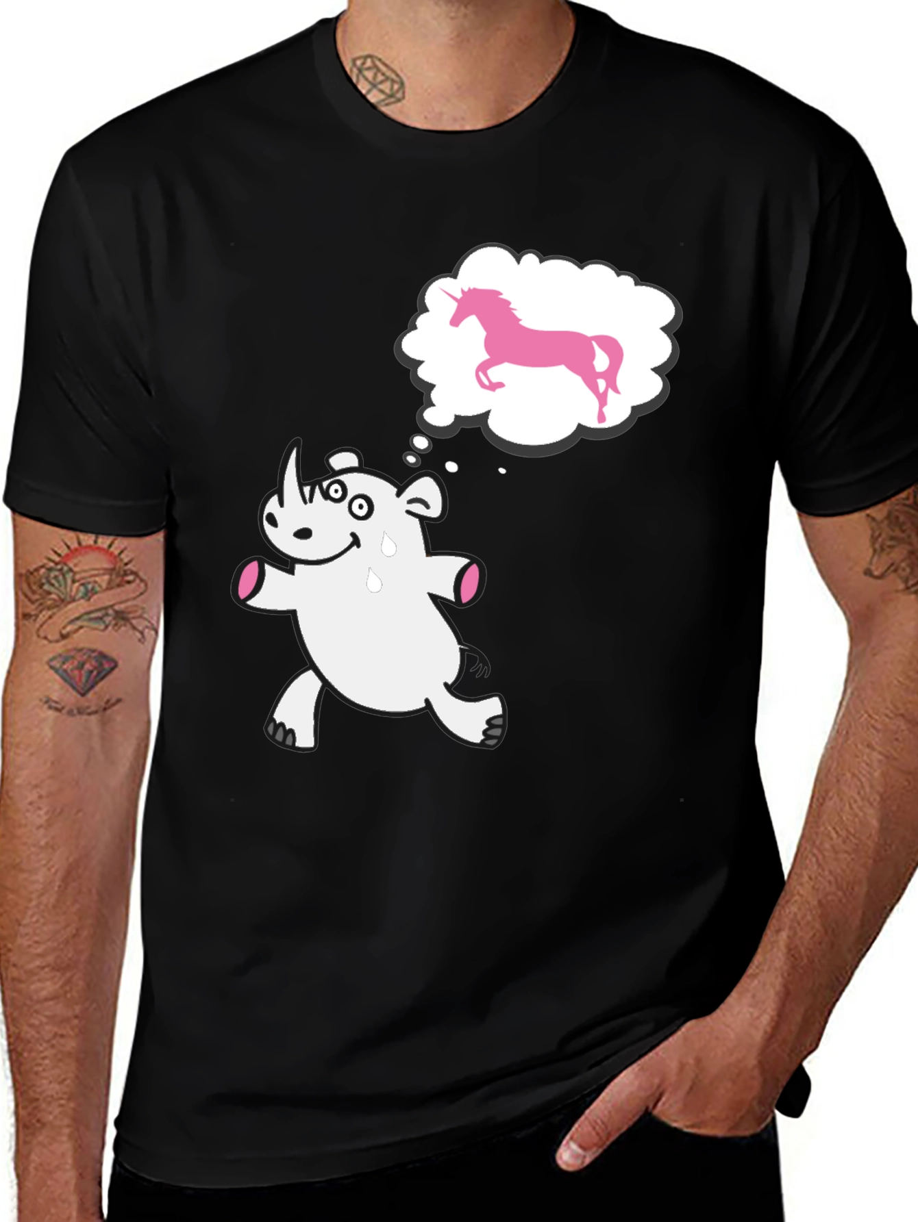 Variant 2 of Funny Rhino Dreams of Unicorns Black T-Shirt