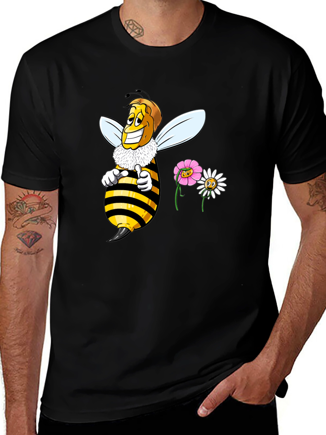 Variant 8 of Funny Bee & Flowers Graphic Black T-Shirt