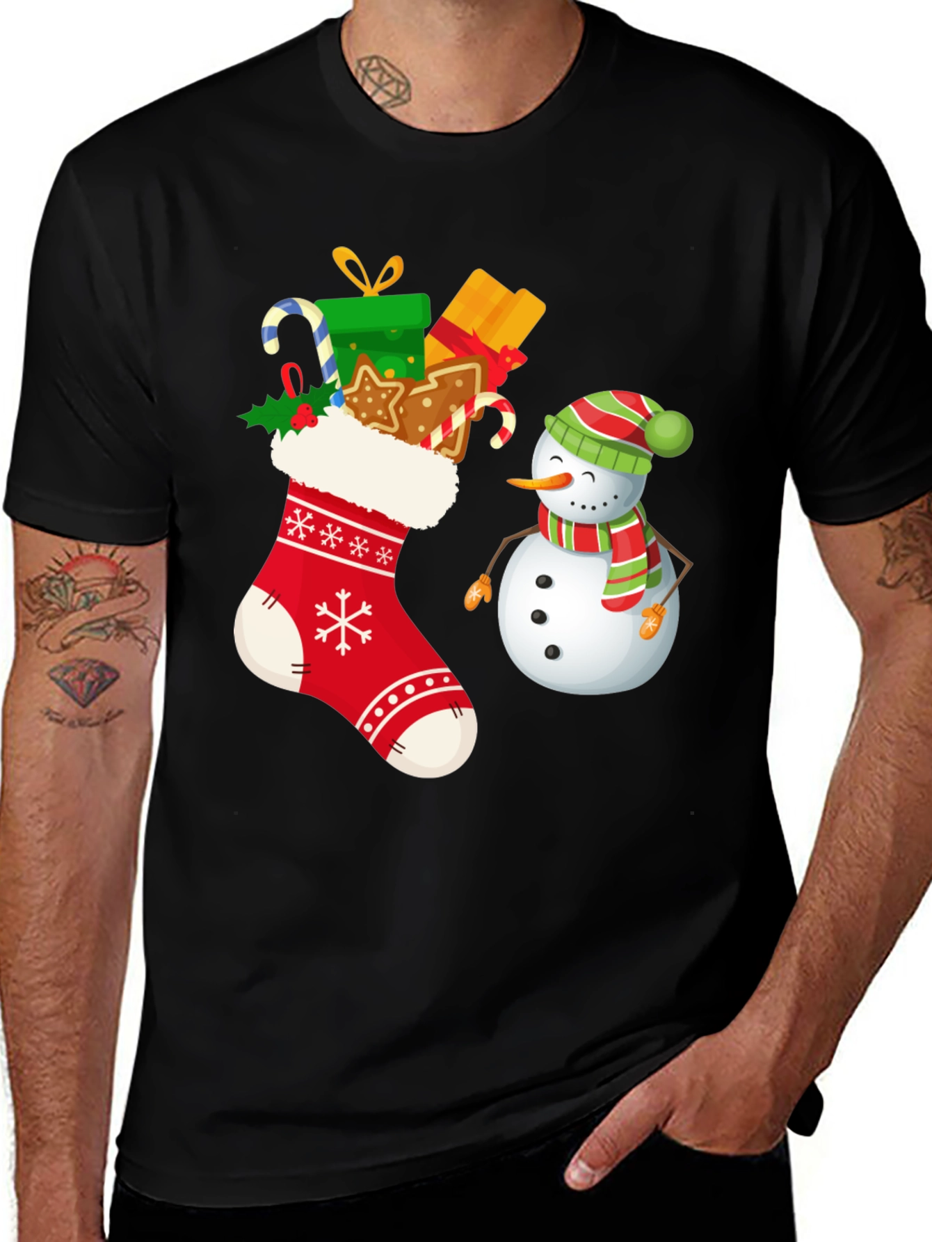 Festive Christmas Stocking & Snowman Graphic Tee