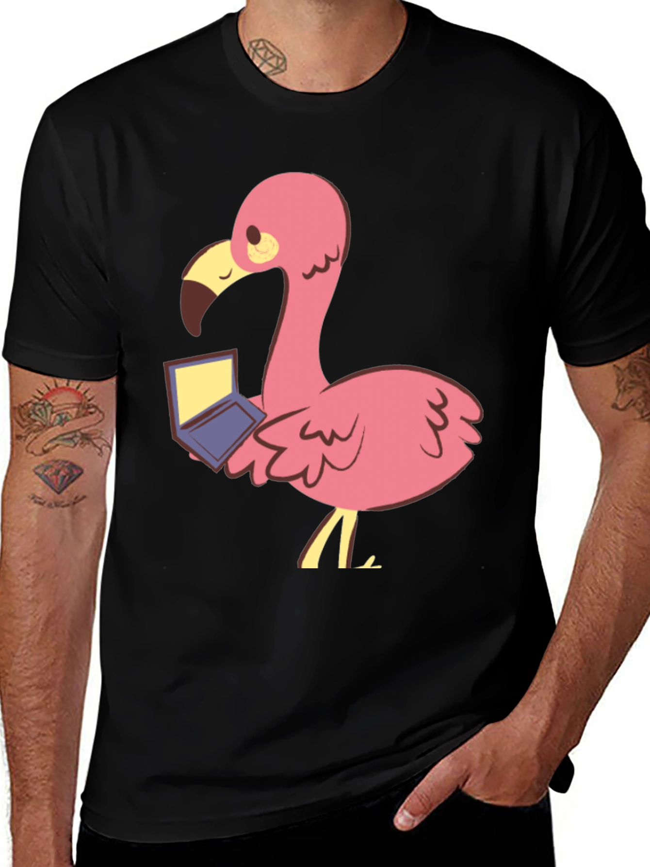 Variant 6 of Flamingo Laptop Black T-Shirt - Cute Cartoon Bird Tee