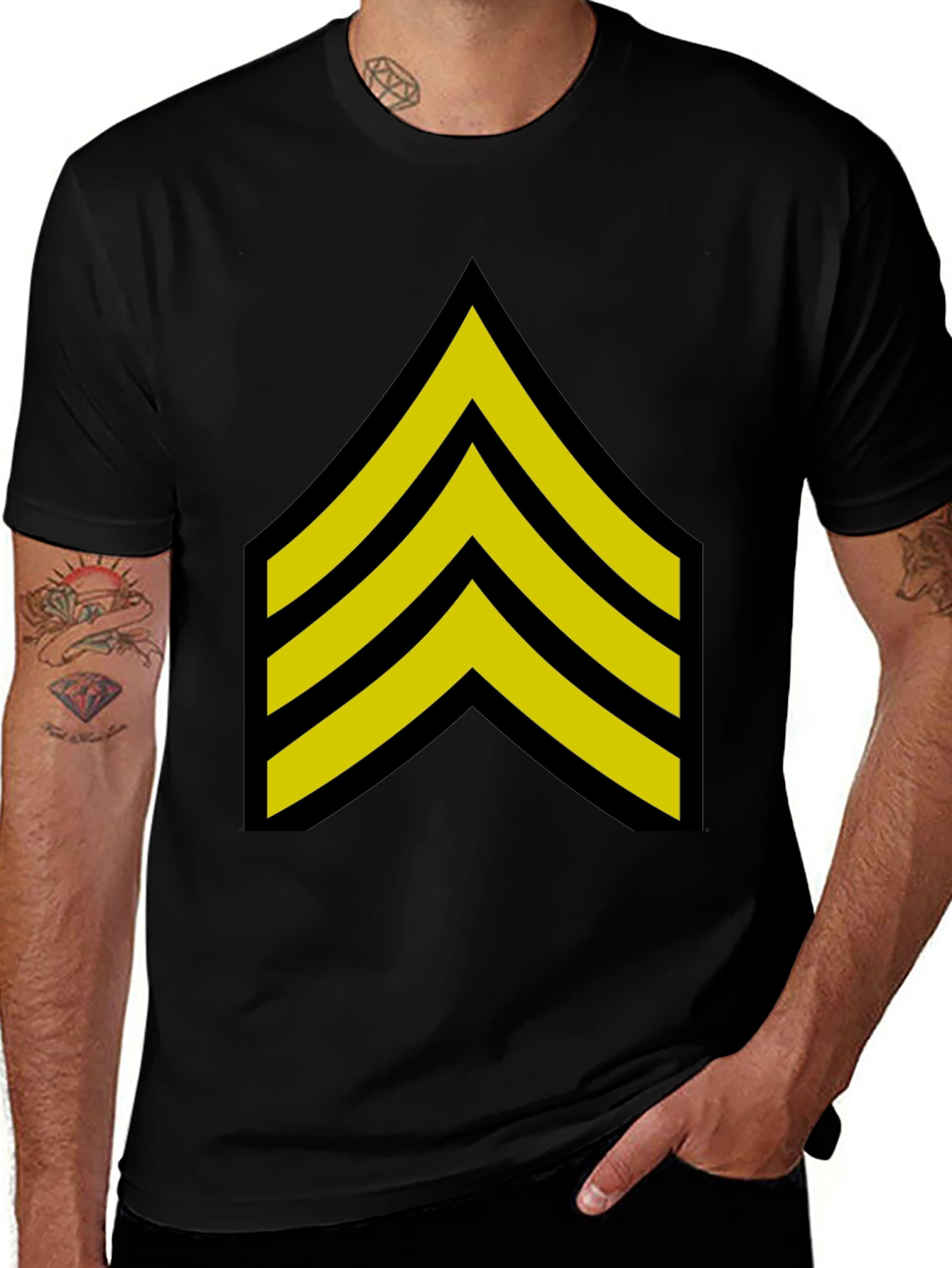 Black T-Shirt with Yellow Chevron Sergeant Stripes