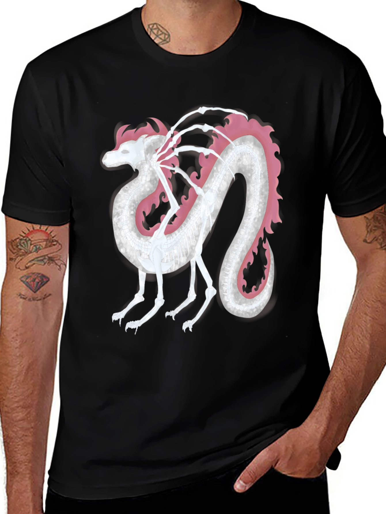 Variant 14 of Dragon Skeleton Graphic Tee - Unique Pink & White Print