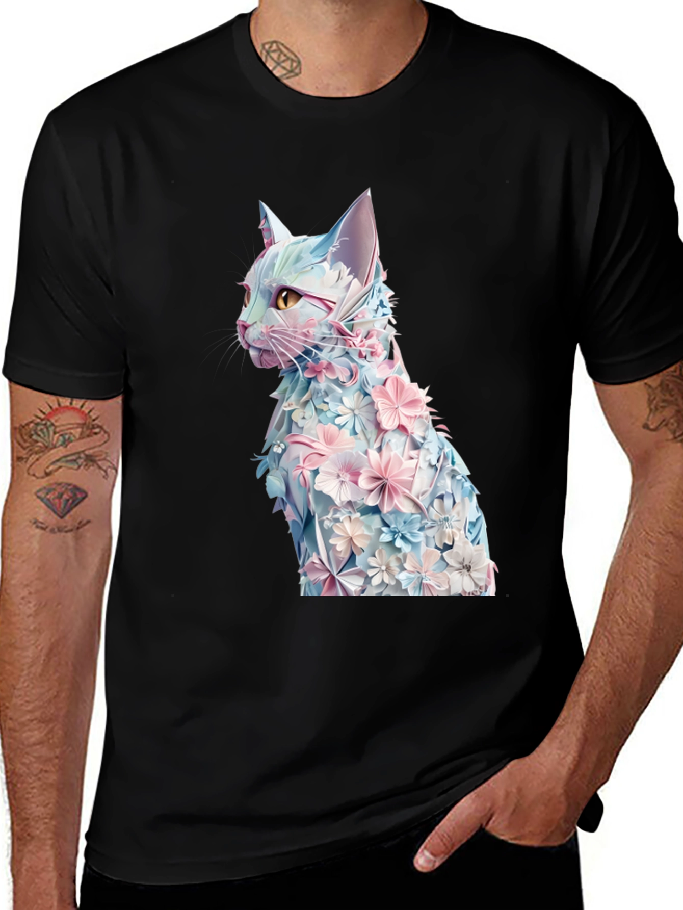 Variant 18 of Floral Cat Graphic Tee - Stylish Black T-Shirt