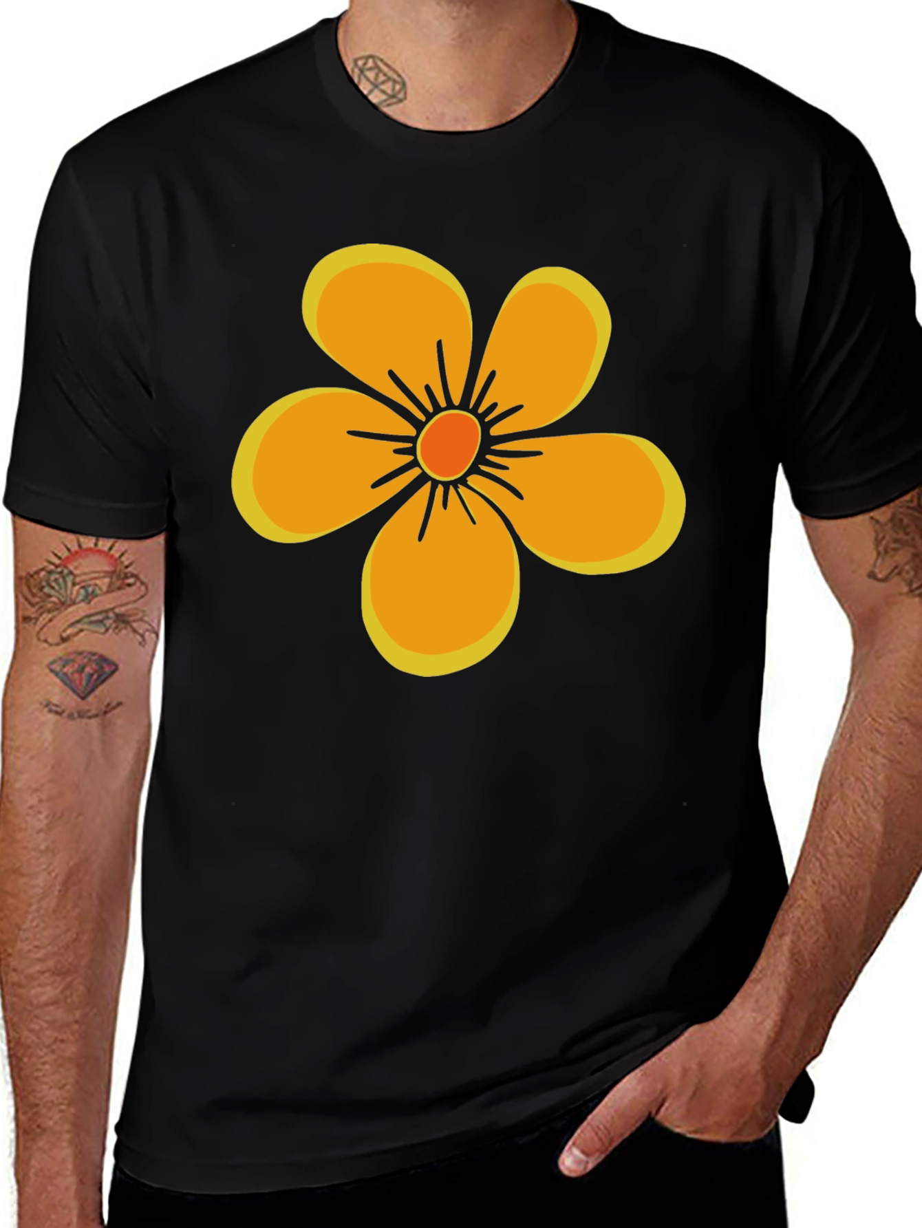 Variant 29 of Black T-Shirt with Orange Flower Graphic