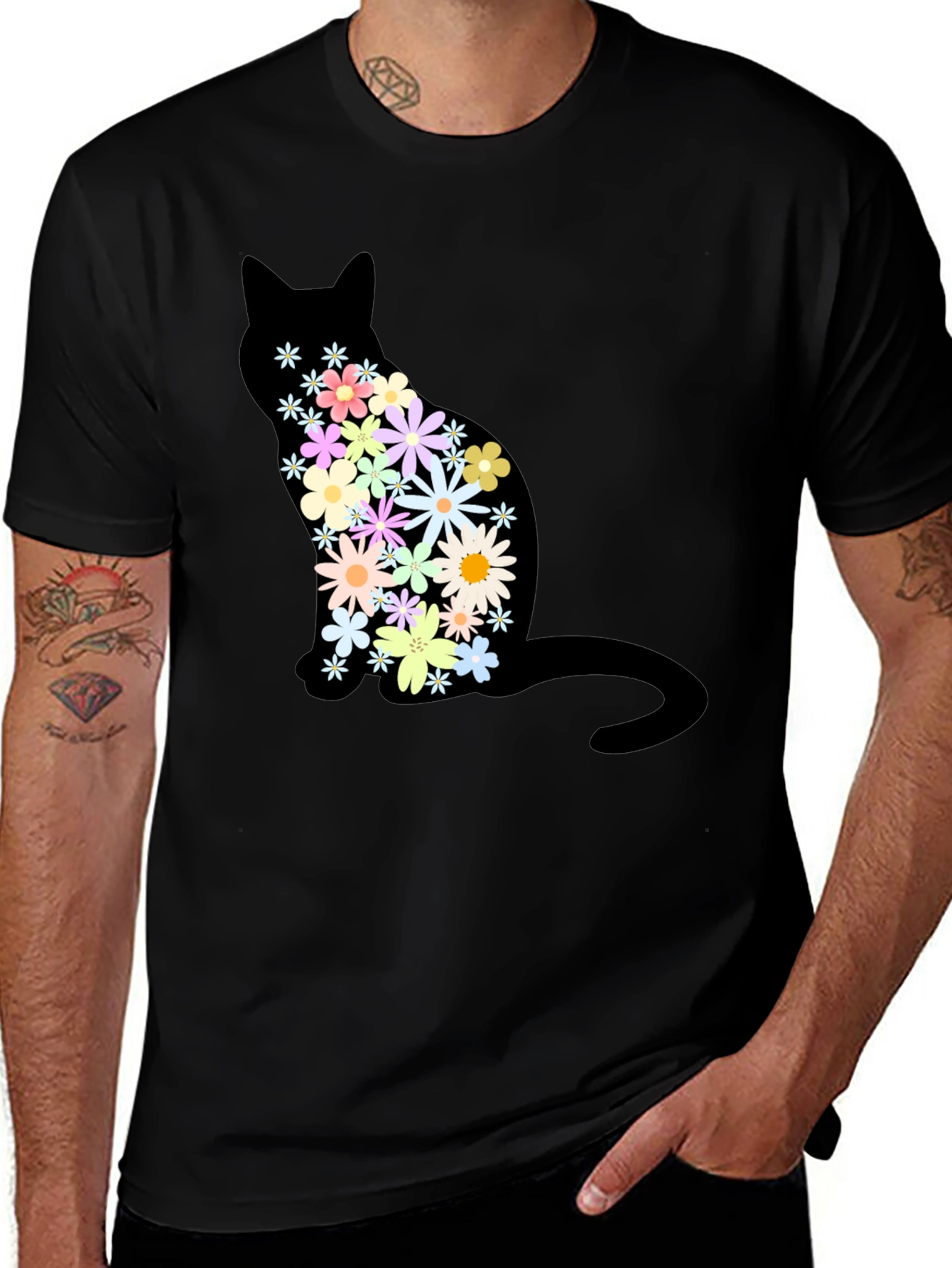 Variant 4 of Floral Cat Graphic Print Crew Neck T-Shirt