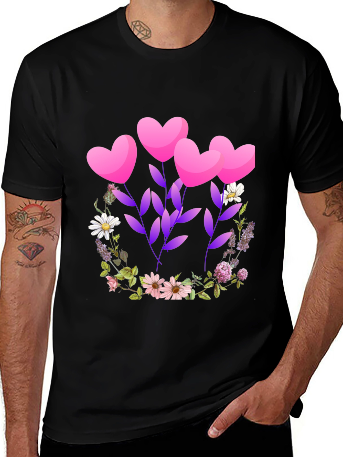 Variant 9 of Heart Flower Graphic T-Shirt - Black