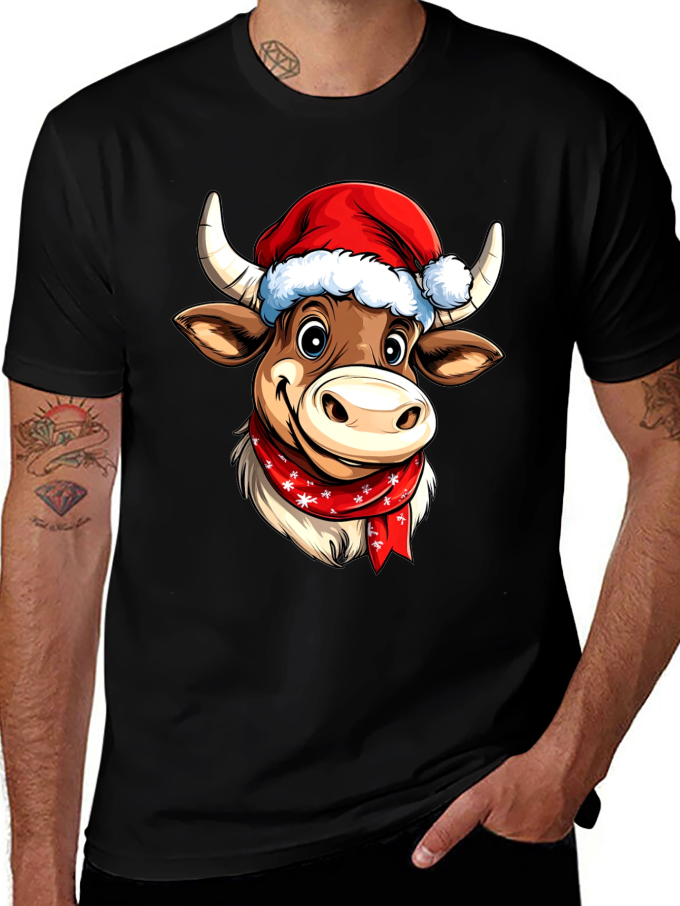 Black Festive Cartoon Cow T-Shirt main image