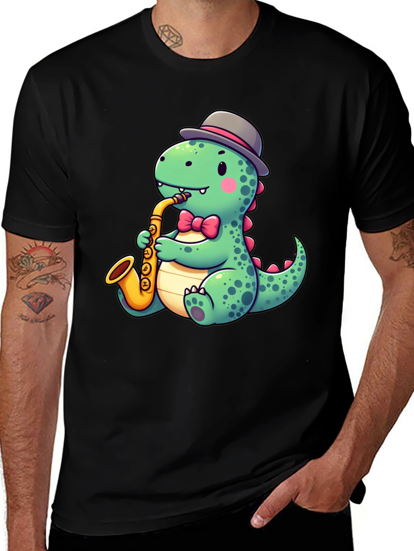 Variant 20 of Dapper Dino Sax T-Shirt - Cool Cartoon Design