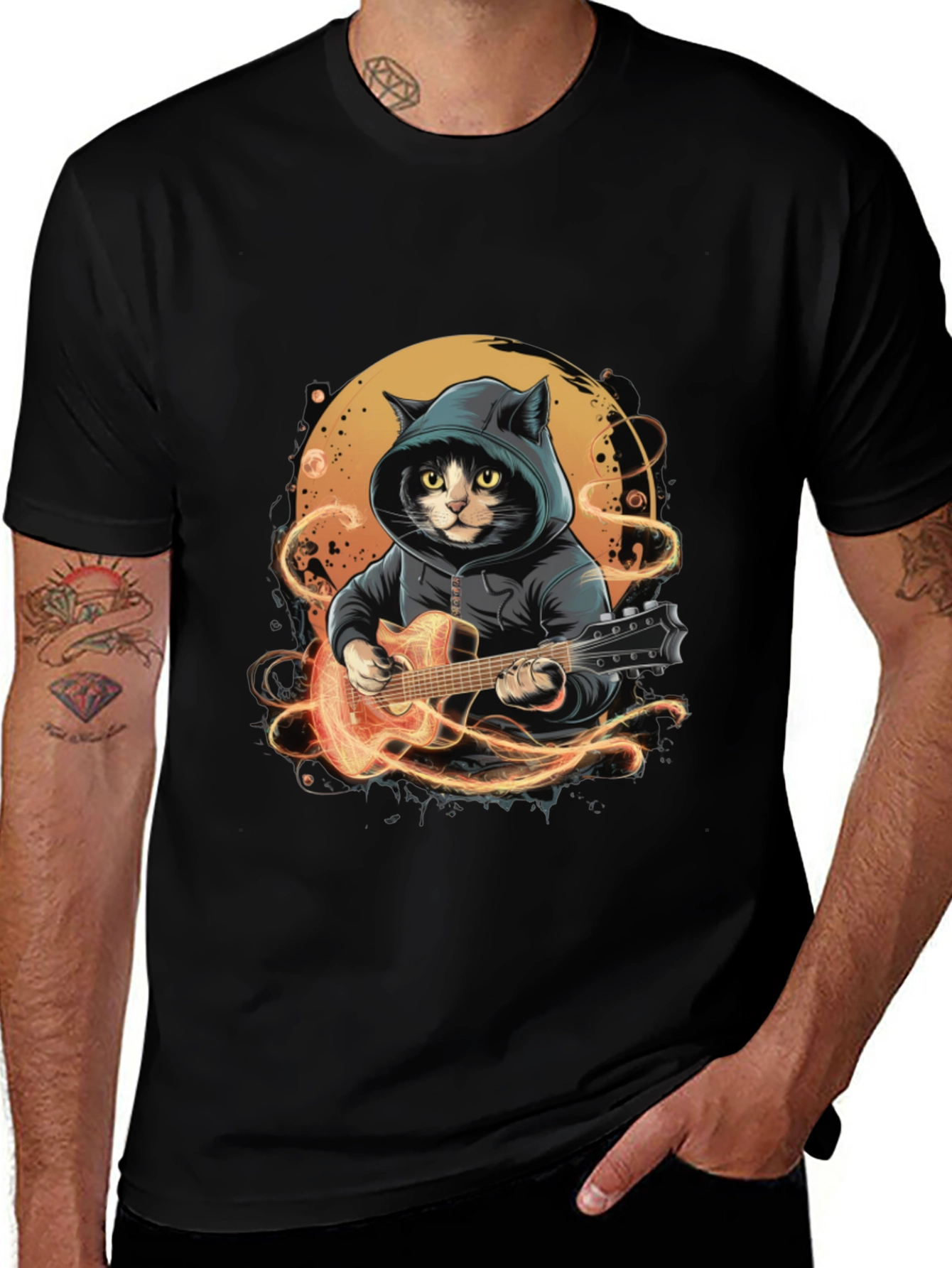 Variant 3 of Cool Cat Guitar Player Black T-Shirt