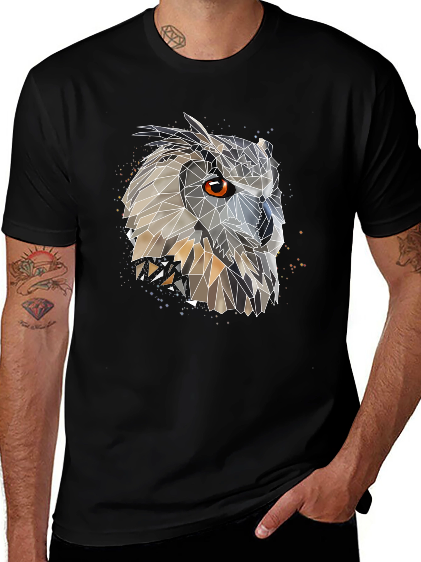 Black Geometric Owl Graphic Black T-Shirt main image