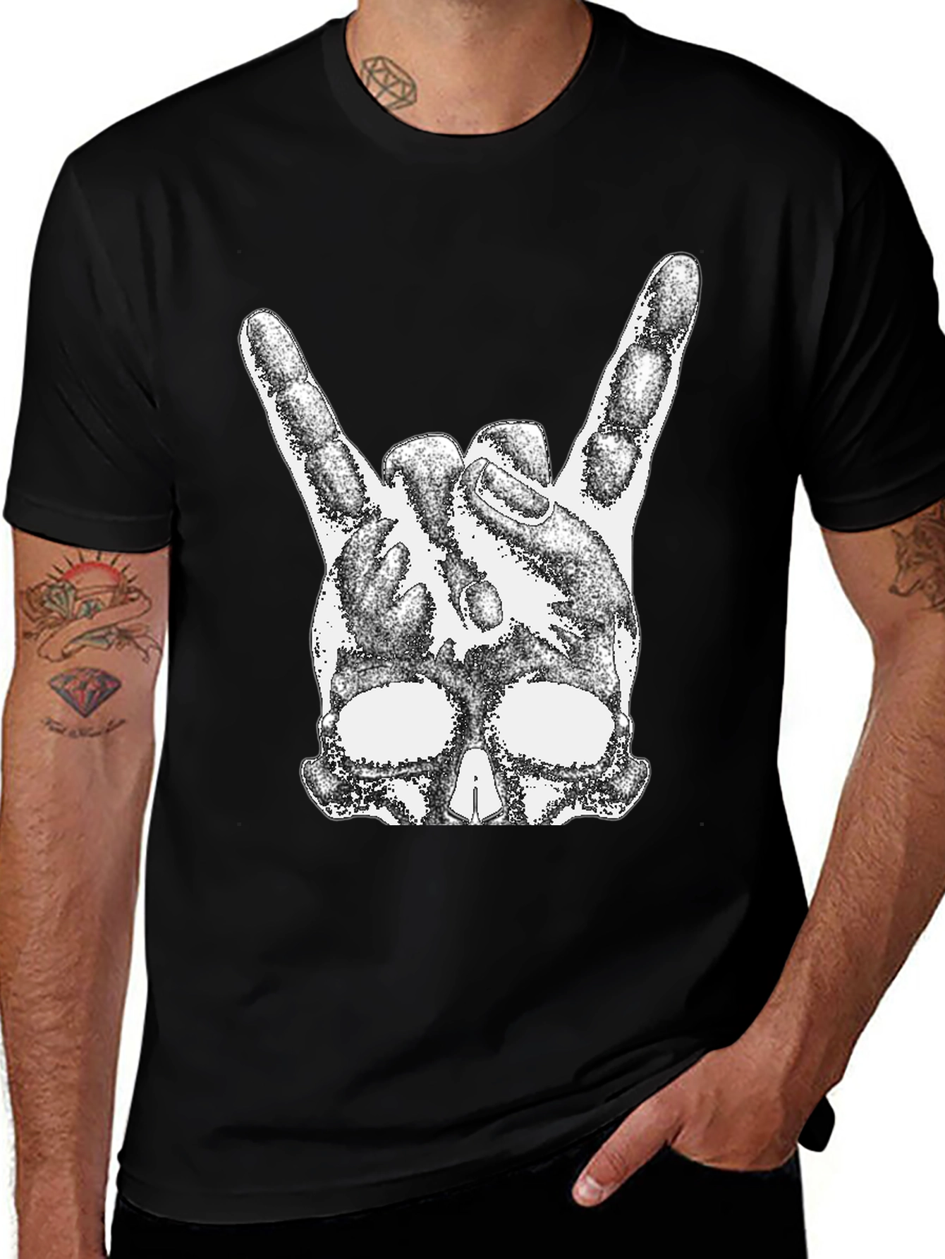 Variant 3 of Rock On Skull T-Shirt - Black Cotton Tee