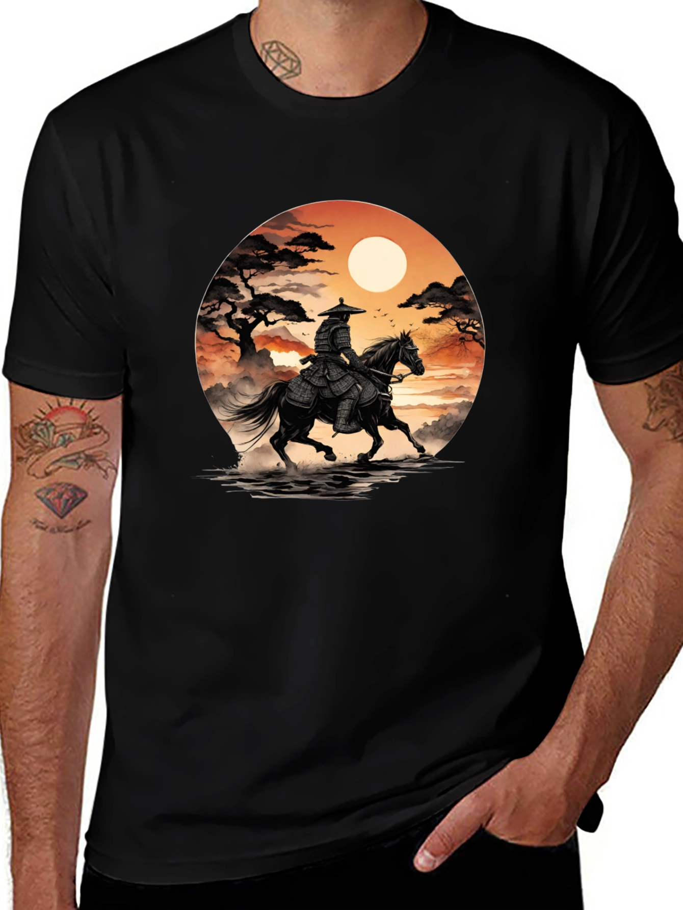 Variant 30 of Samurai Horseman Graphic Tee - Black Cotton T-Shirt