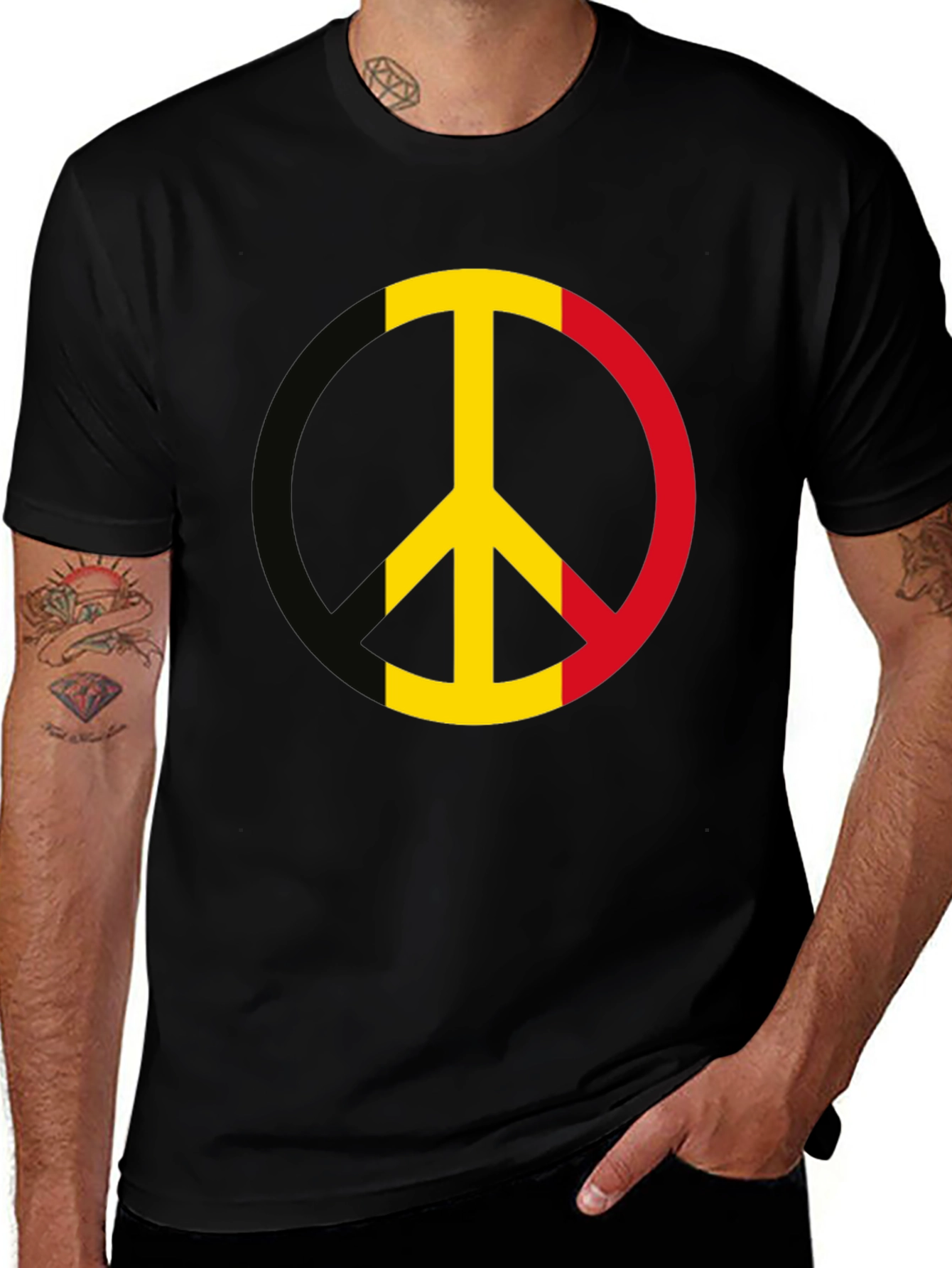 Belgium Flag Peace Sign Black T-Shirt