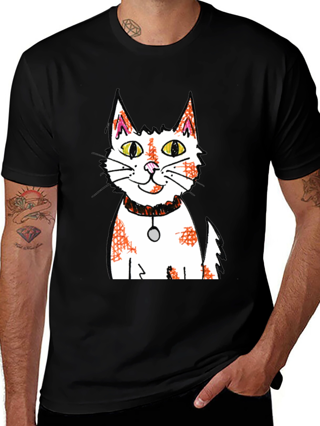 Variant 3 of Cartoon Cat Graphic Print Black T-Shirt