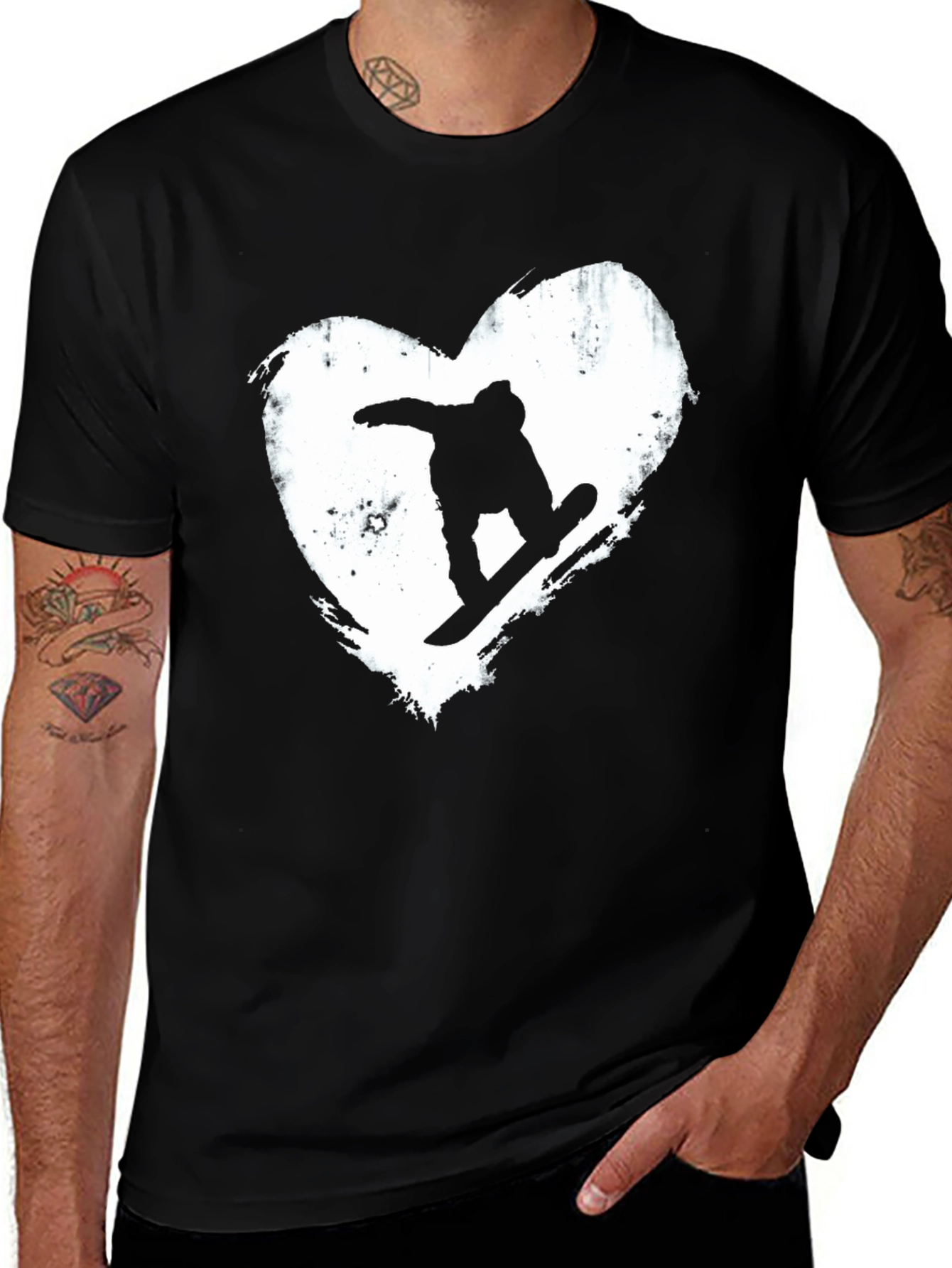 Variant 8 of Snowboard Heart Graphic T-Shirt - Black Cotton Blend Tee