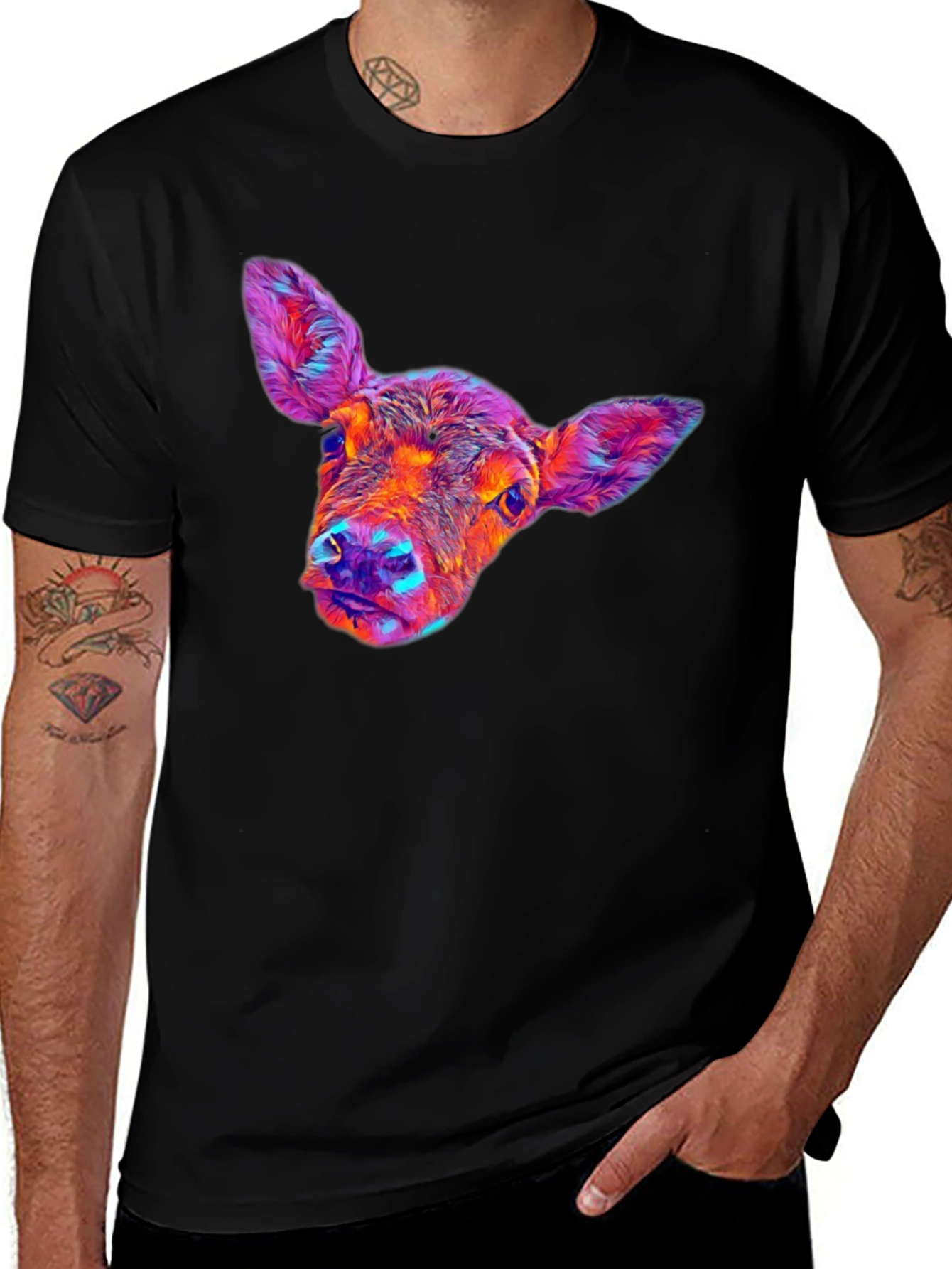 Variant 10 of Colorful Cow Graphic Black T-Shirt
