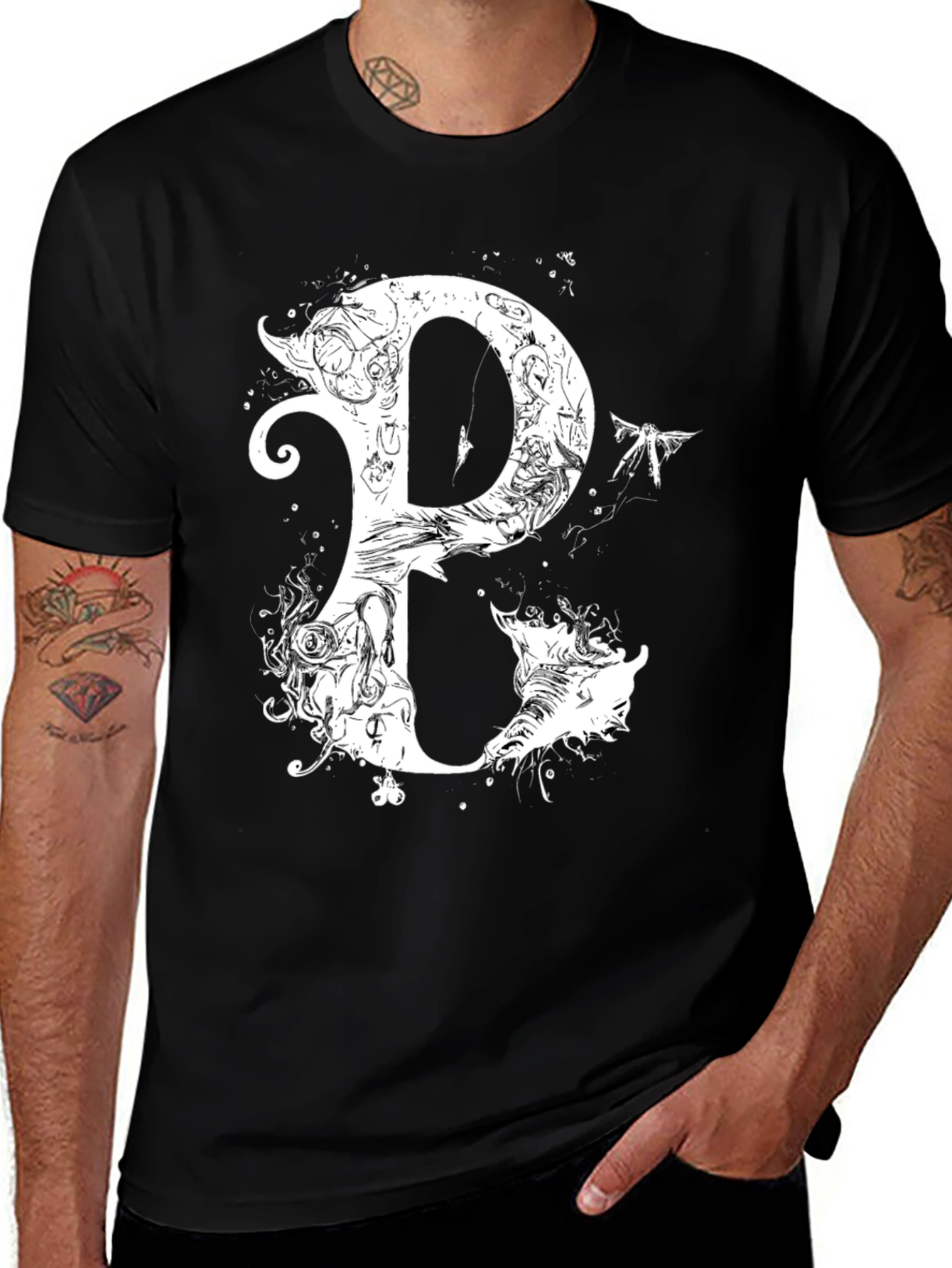 Black T-Shirt with Ornamental Letter P Graphic