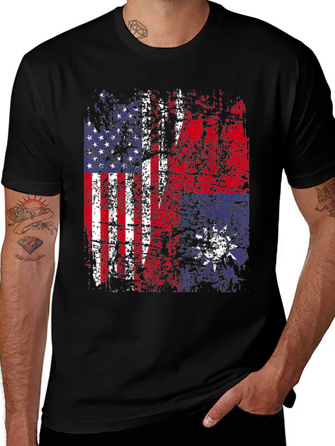 Variant 18 of USA & Taiwan Flag Graphic Print Black T-Shirt