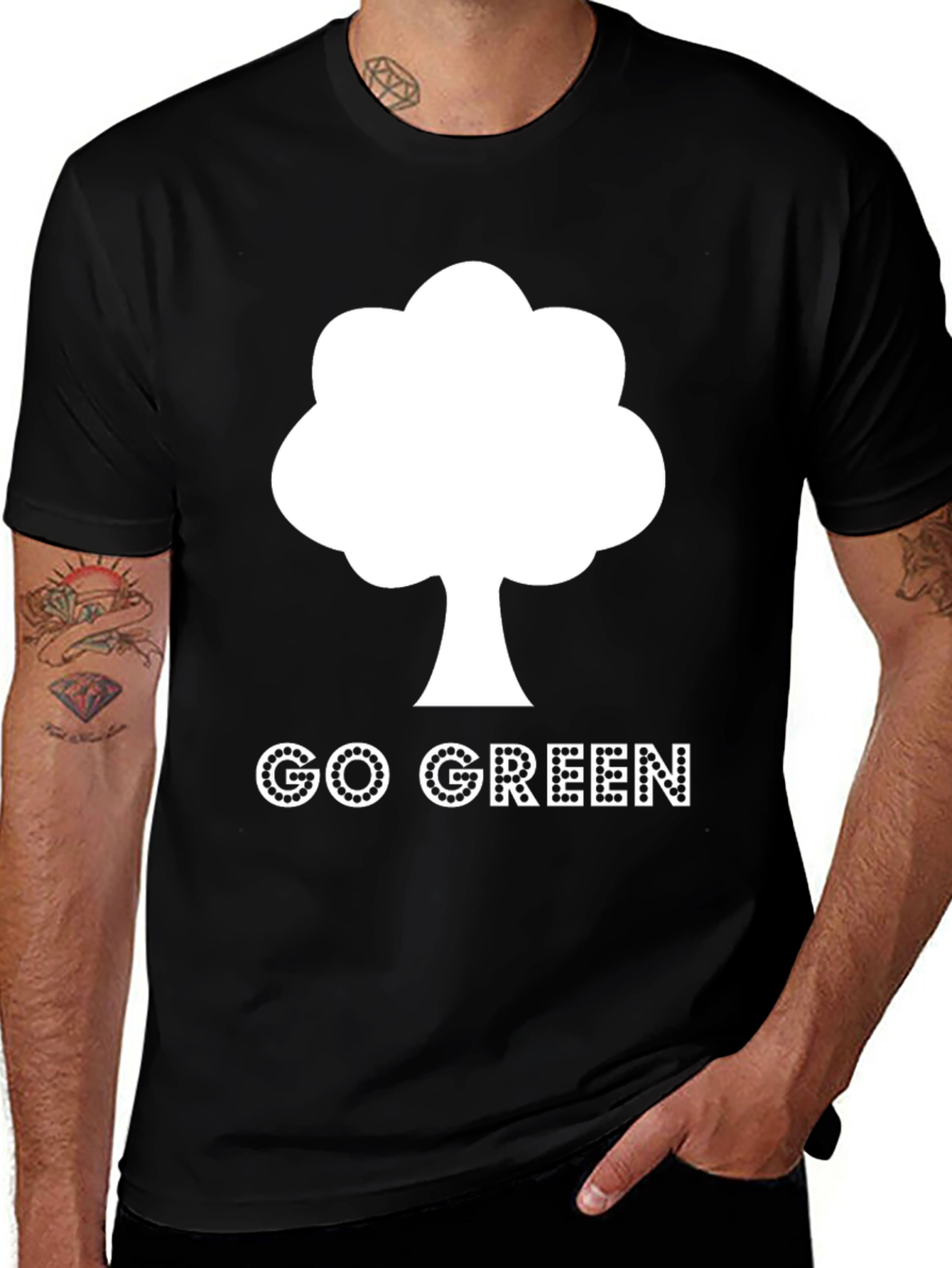 Black Go Green Tree Graphic Tee - Eco-Friendly Design main image