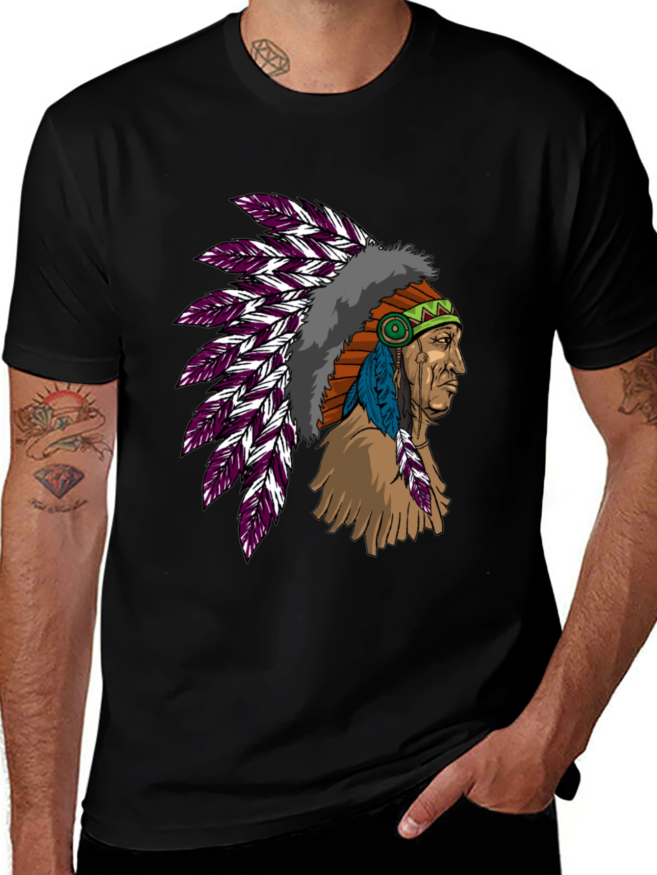 Native American Chief Graphic Tee - Black Cotton T-Shirt