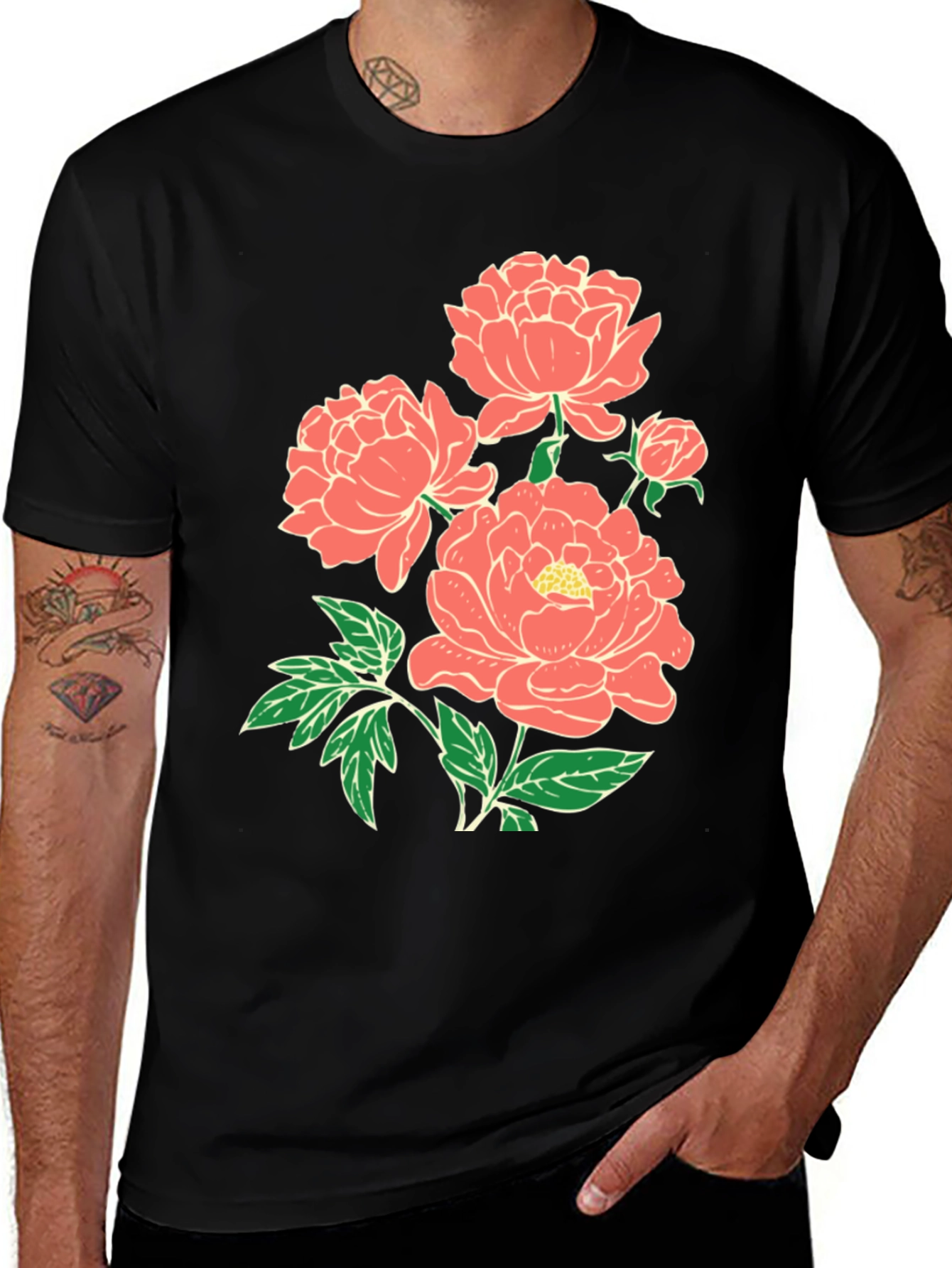 Variant 27 of Floral Graphic T-Shirt - Black Cotton Tee with Peony Design