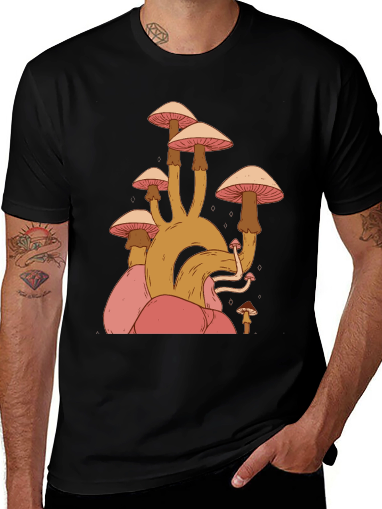 Mushroom Graphic Tee - Black Cotton Casual Shirt