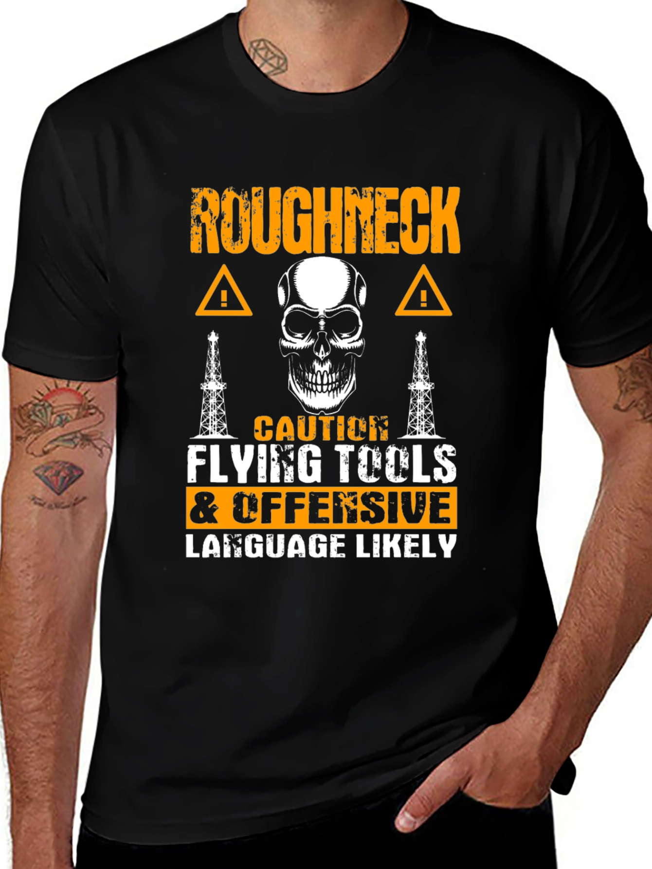 Roughneck Caution T-Shirt - Flying Tools & Offensive Language