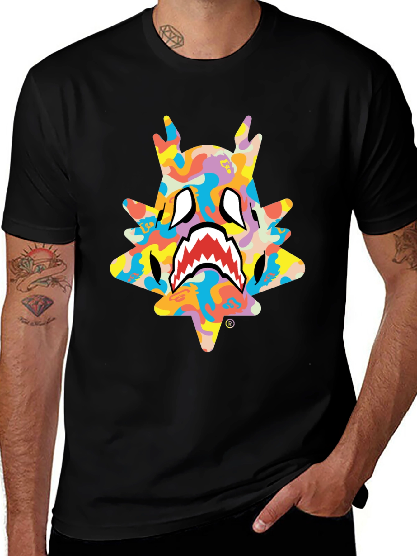 Variant 12 of Colorful Camo Monster Graphic Tee - Black