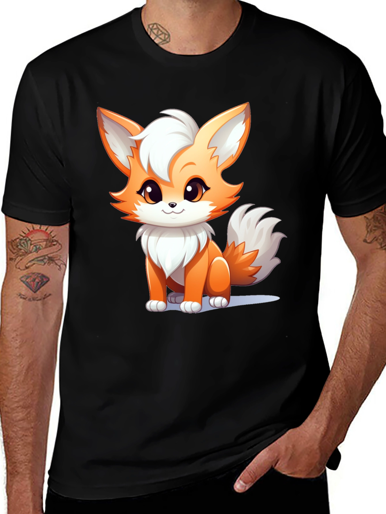 Cute Cartoon Fox Graphic Black T-Shirt