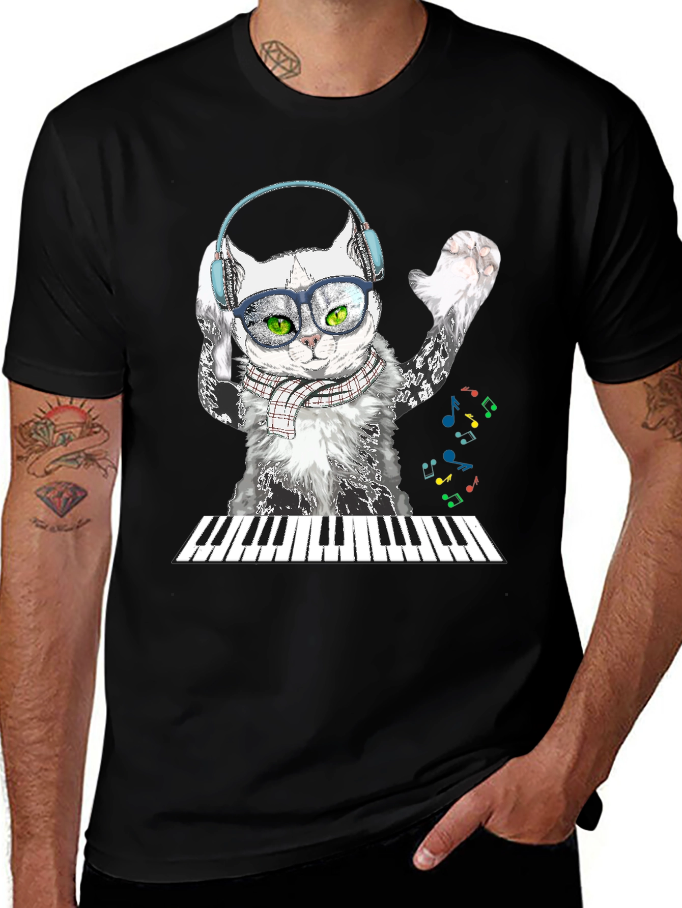 Variant 5 of Cat Pianist Graphic Tee - Black Cotton T-Shirt