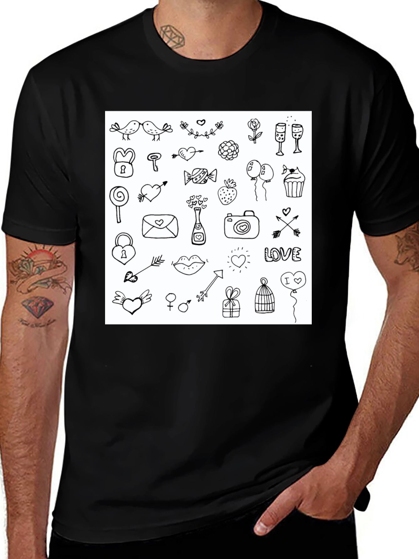 Variant 8 of Doodle Love Graphic Tee - Black Casual T-Shirt