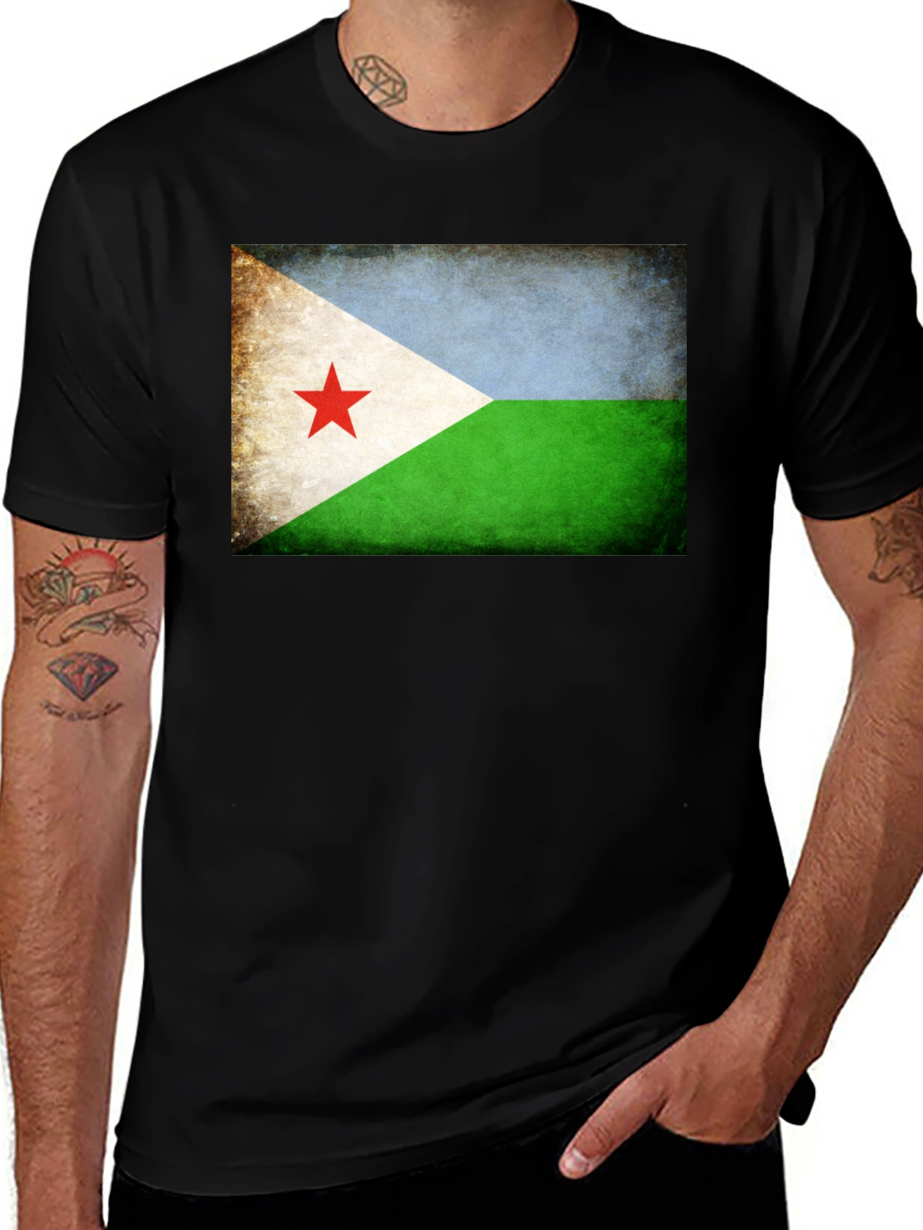 Variant 24 of Djibouti Flag T-Shirt - Black Crew Neck Tee