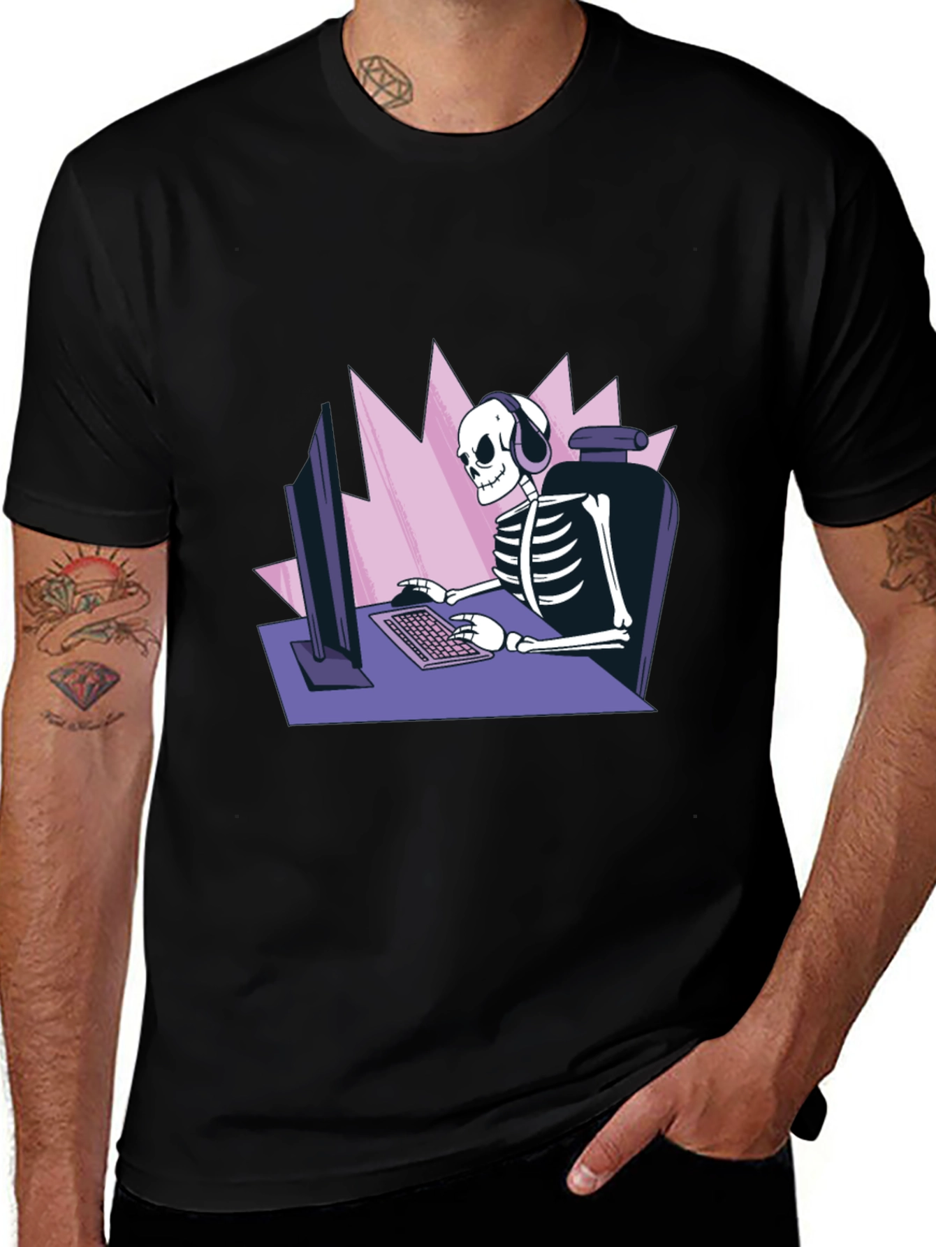 Variant 14 of Gamer Skeleton Graphic Tee - Black Cotton T-Shirt