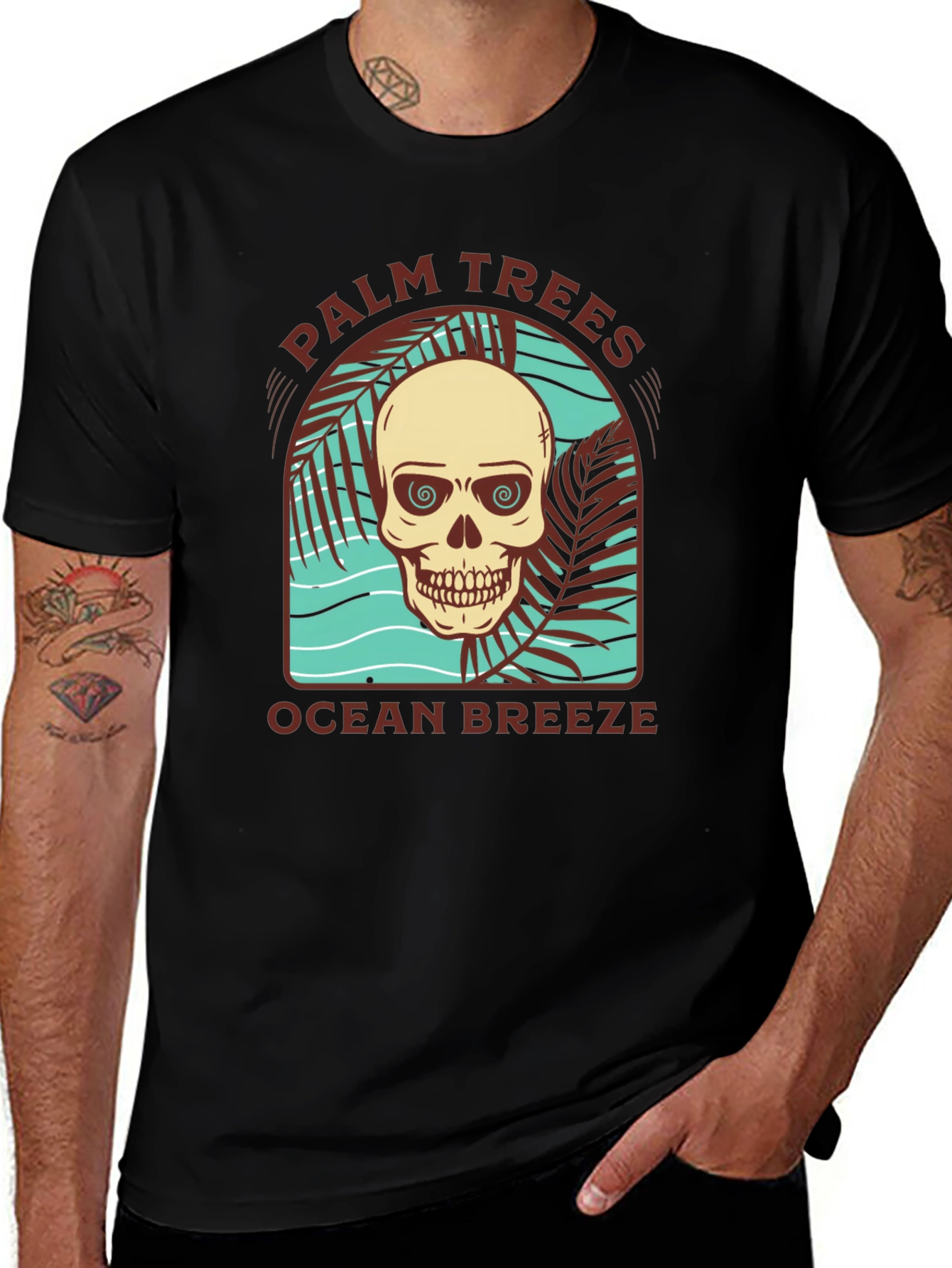 Variant 8 of Palm Trees Ocean Breeze Skull Graphic Tee
