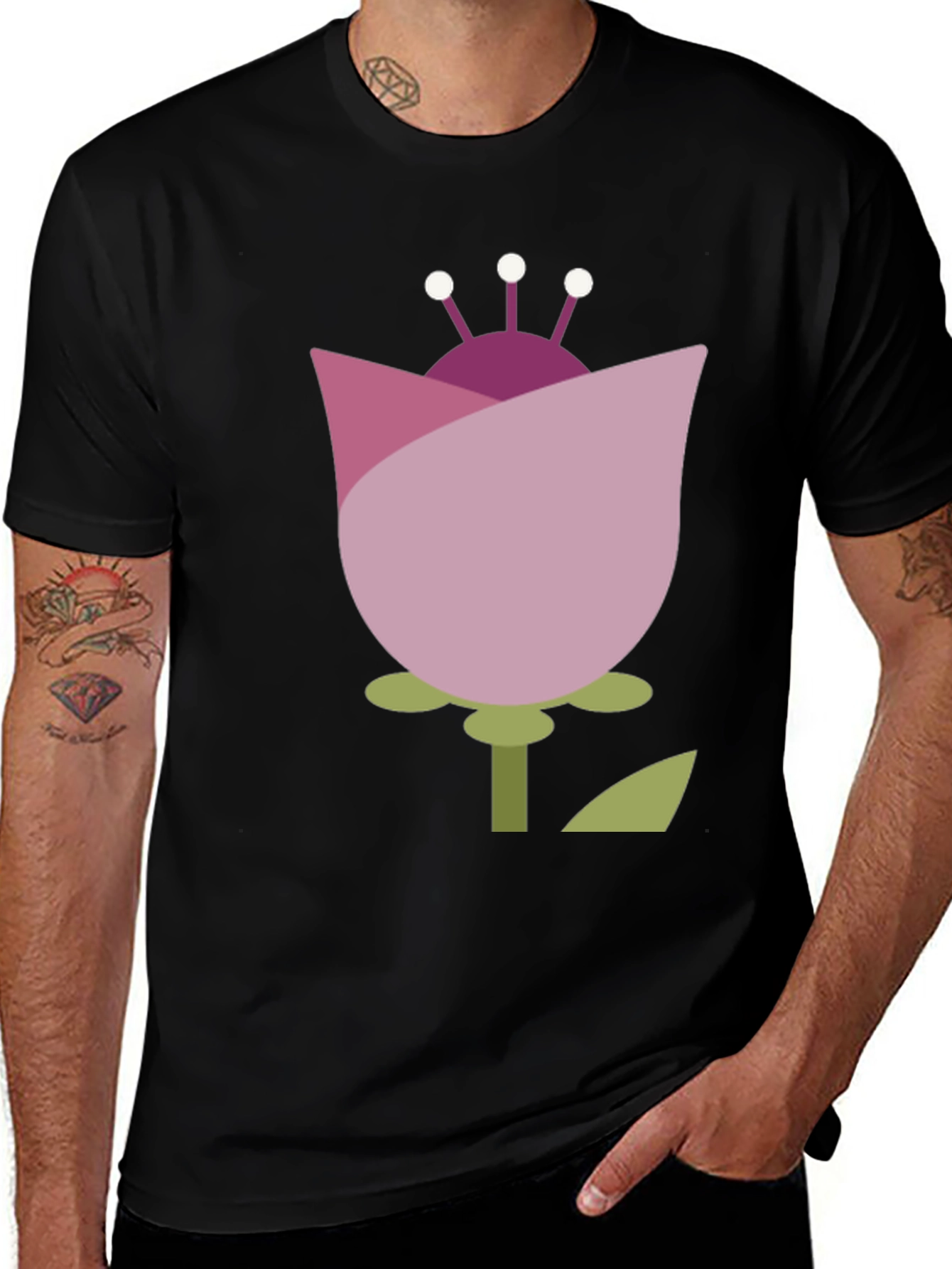 Abstract Flower Graphic Tee - Casual Black T-Shirt
