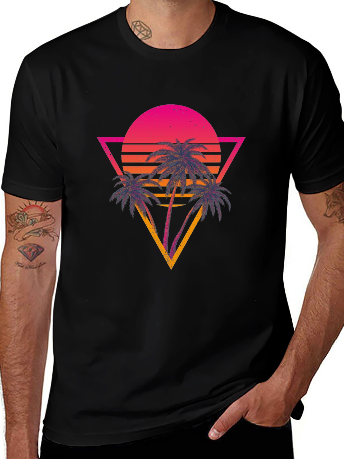 Variant 20 of Retro Sunset Palm Tree Graphic Tee - Black