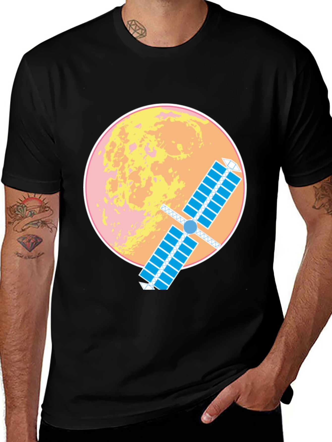 Variant 4 of Space Satellite Graphic T-Shirt -  Black